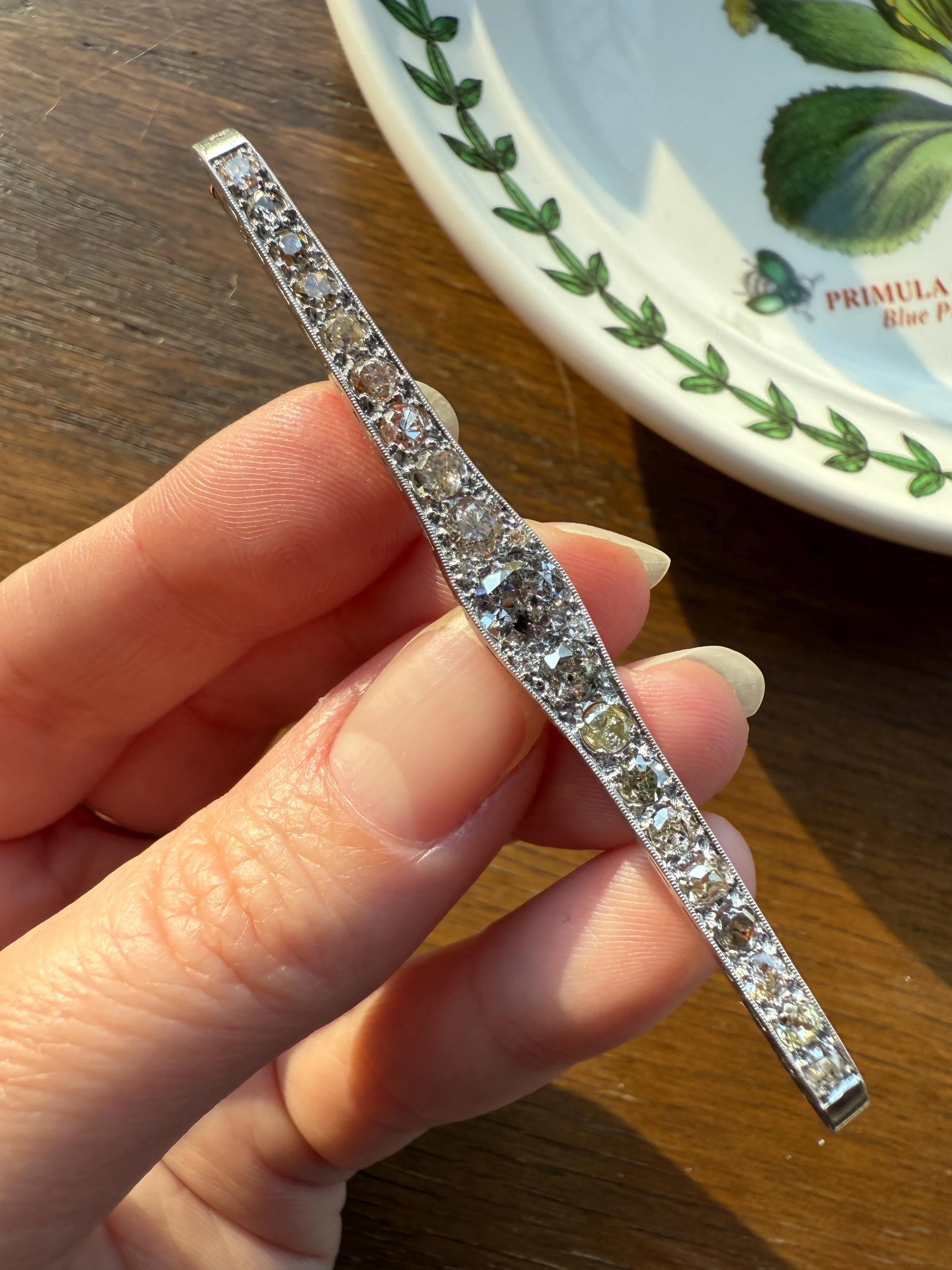 RAINBOW Rare Antique 3.5 Carats Old Mine Cut Natural DIAMOND Pink Yellow Green Bar Brooch 18k Gold Platinum Extender Connector Pendant Conv. - Image 2