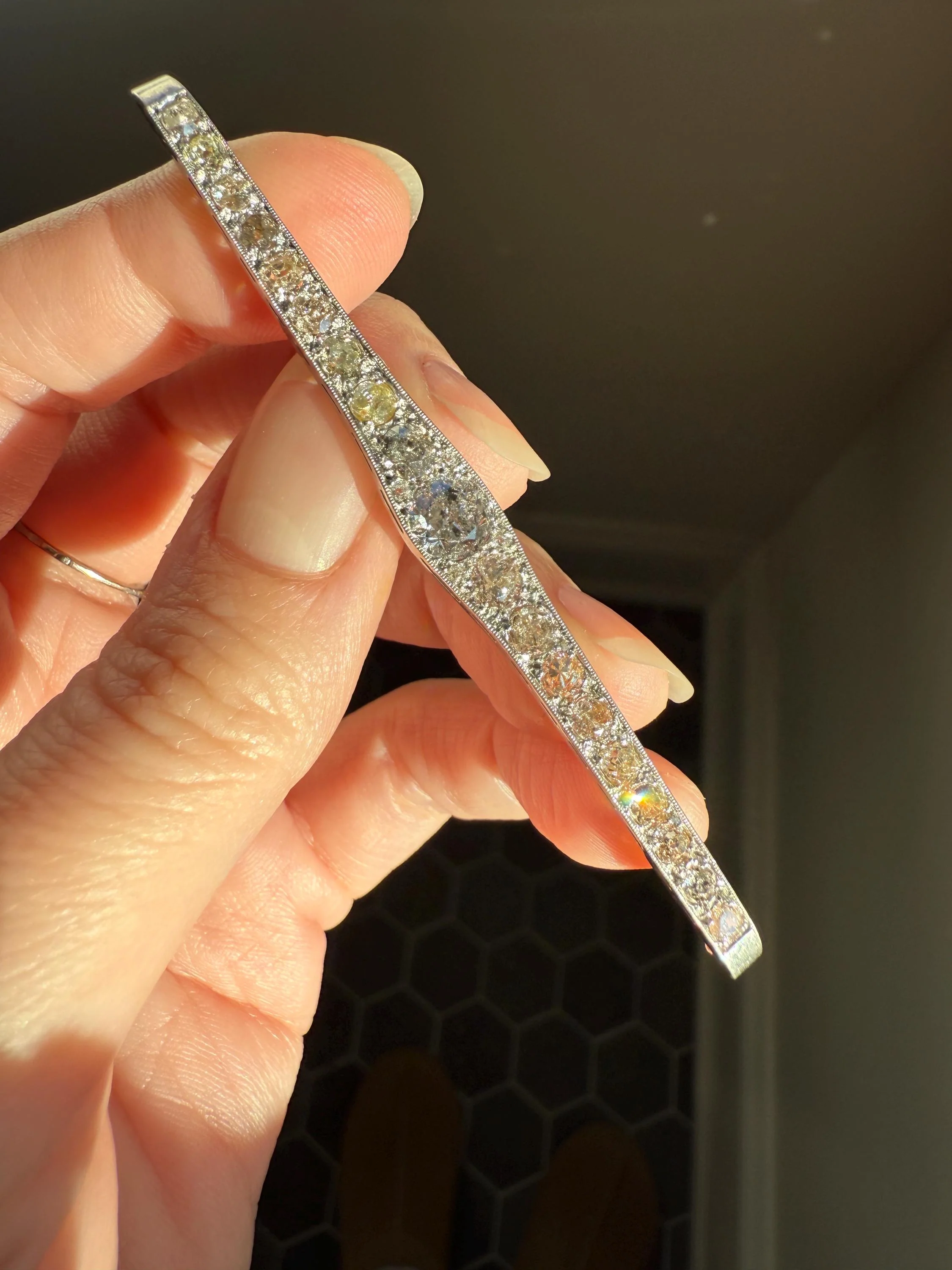 RAINBOW Rare Antique 3.5 Carats Old Mine Cut Natural DIAMOND Pink Yellow Green Bar Brooch 18k Gold Platinum Extender Connector Pendant Conv. - Image 3