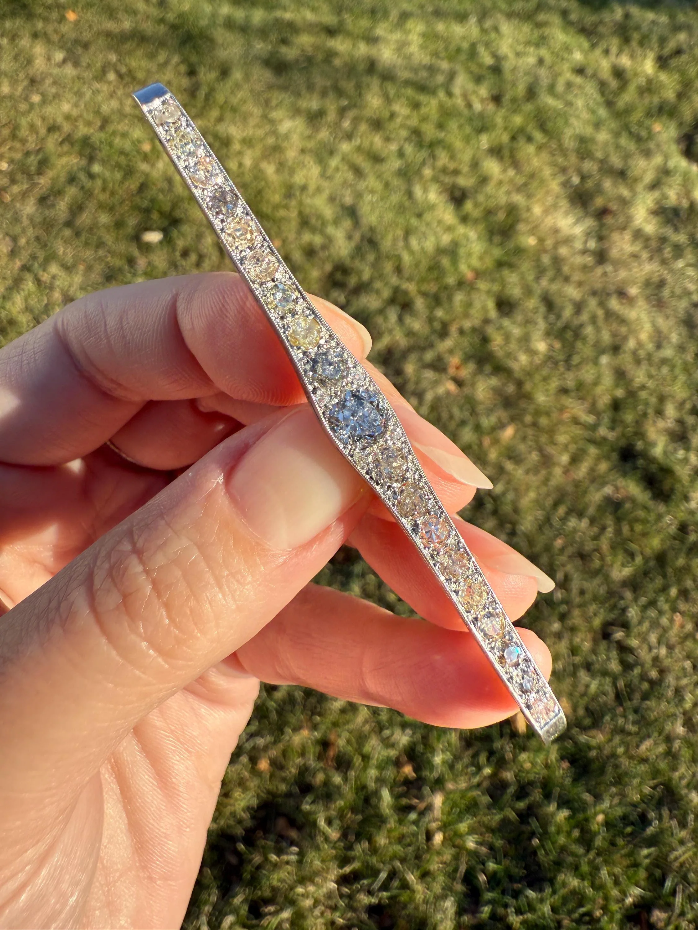 RAINBOW Rare Antique 3.5 Carats Old Mine Cut Natural DIAMOND Pink Yellow Green Bar Brooch 18k Gold Platinum Extender Connector Pendant Conv. - Image 6
