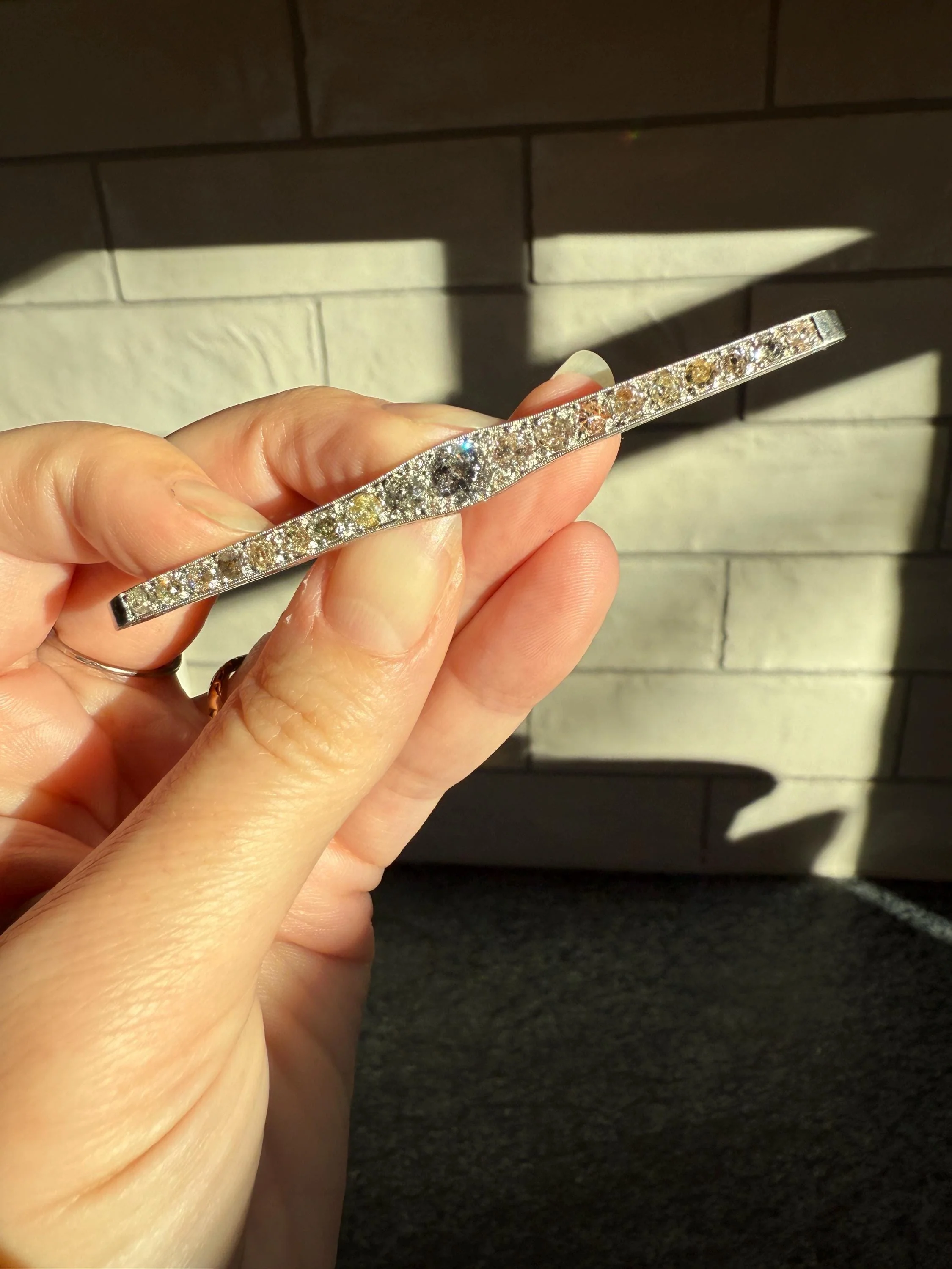 RAINBOW Rare Antique 3.5 Carats Old Mine Cut Natural DIAMOND Pink Yellow Green Bar Brooch 18k Gold Platinum Extender Connector Pendant Conv. - Image 7