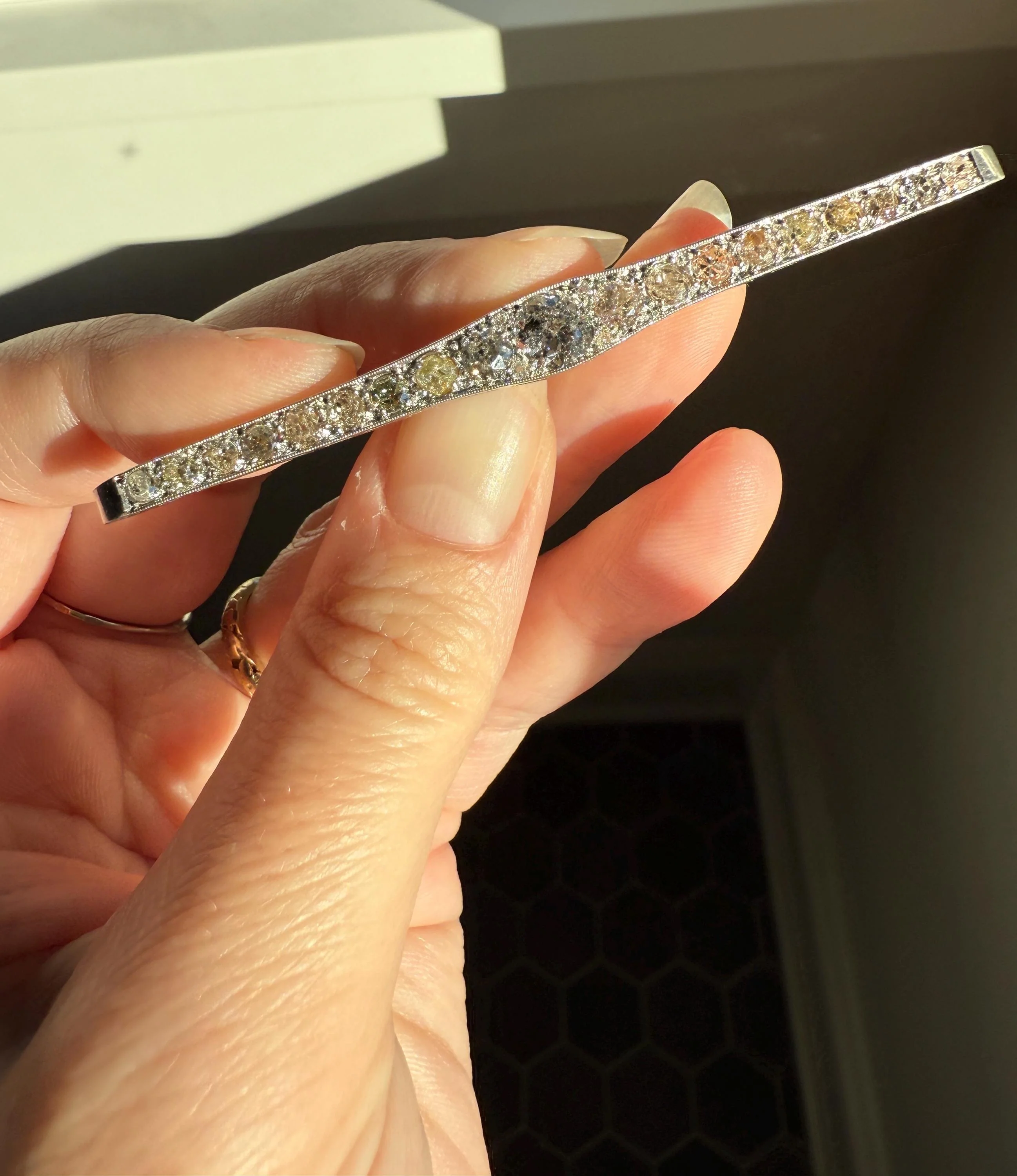 RAINBOW Rare Antique 3.5 Carats Old Mine Cut Natural DIAMOND Pink Yellow Green Bar Brooch 18k Gold Platinum Extender Connector Pendant Conv. - Image 8