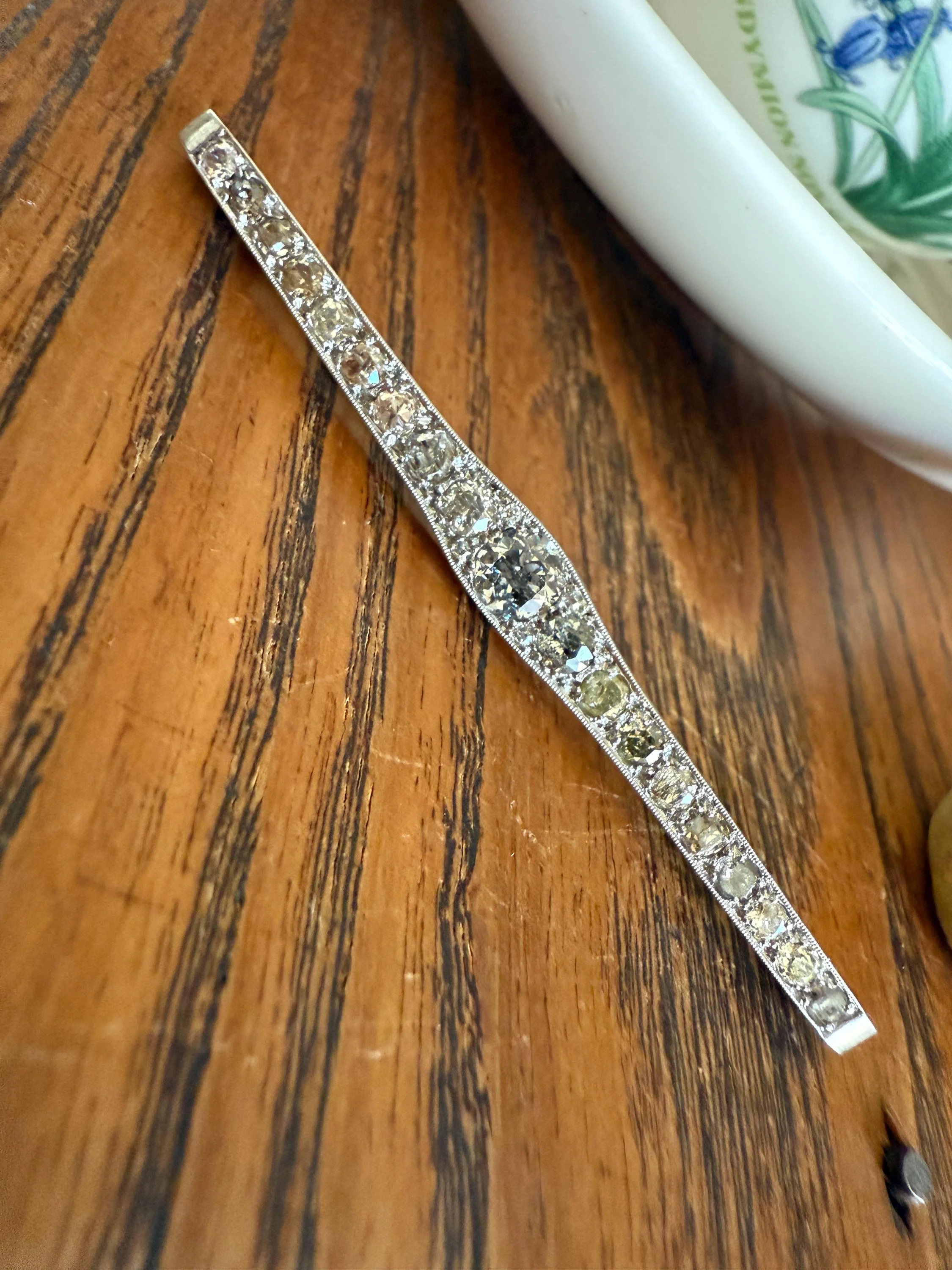 RAINBOW Rare Antique 3.5 Carats Old Mine Cut Natural DIAMOND Pink Yellow Green Bar Brooch 18k Gold Platinum Extender Connector Pendant Conv. - Image 9