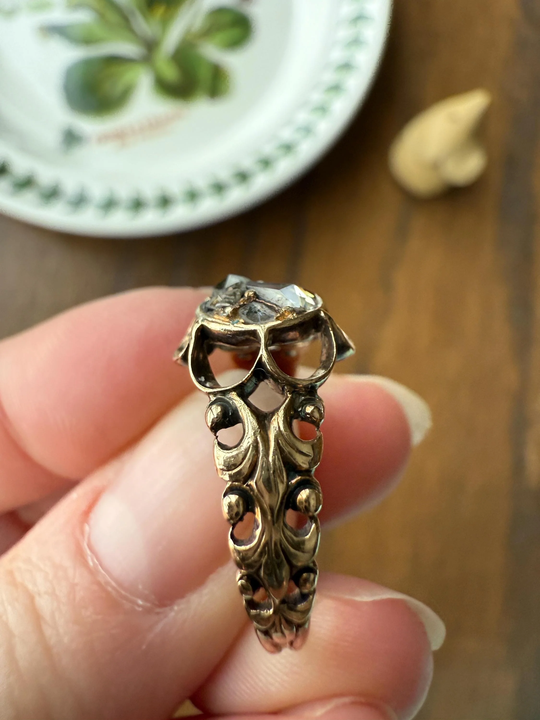 RARE 1700s Chiffre Triangle Rose Cut DIAMOND Ring French ANTiQUE Cobblestone Cluster Buttercup 18k Gold Fleur de Lis Victorian Band - Image 3