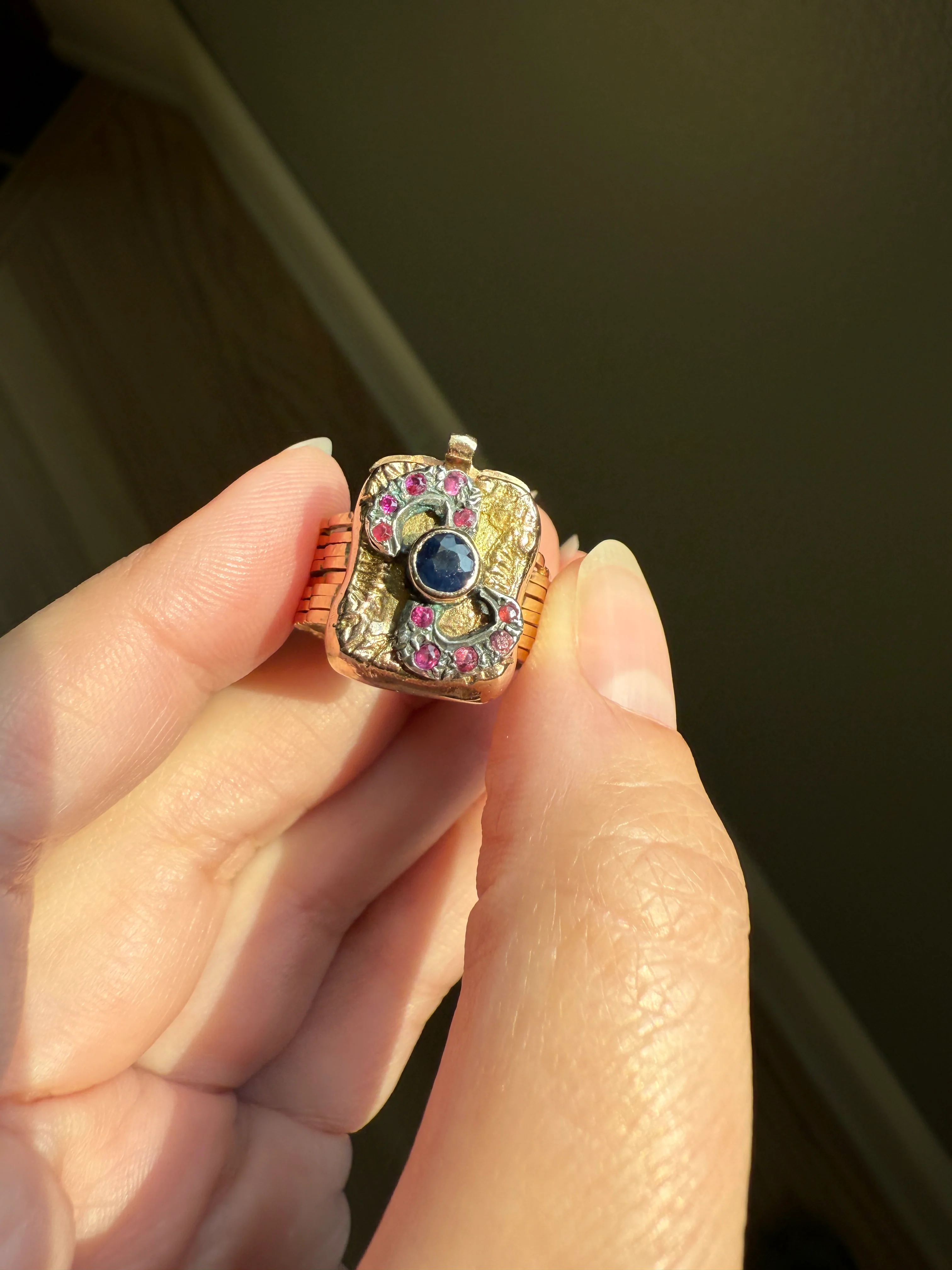 RARE 2 for 1 Convertible RING to BRACELET Surprise Antique Sapphire Ruby Bow 9k Gold Silver Top Clasp Expandable Secret - Image 24