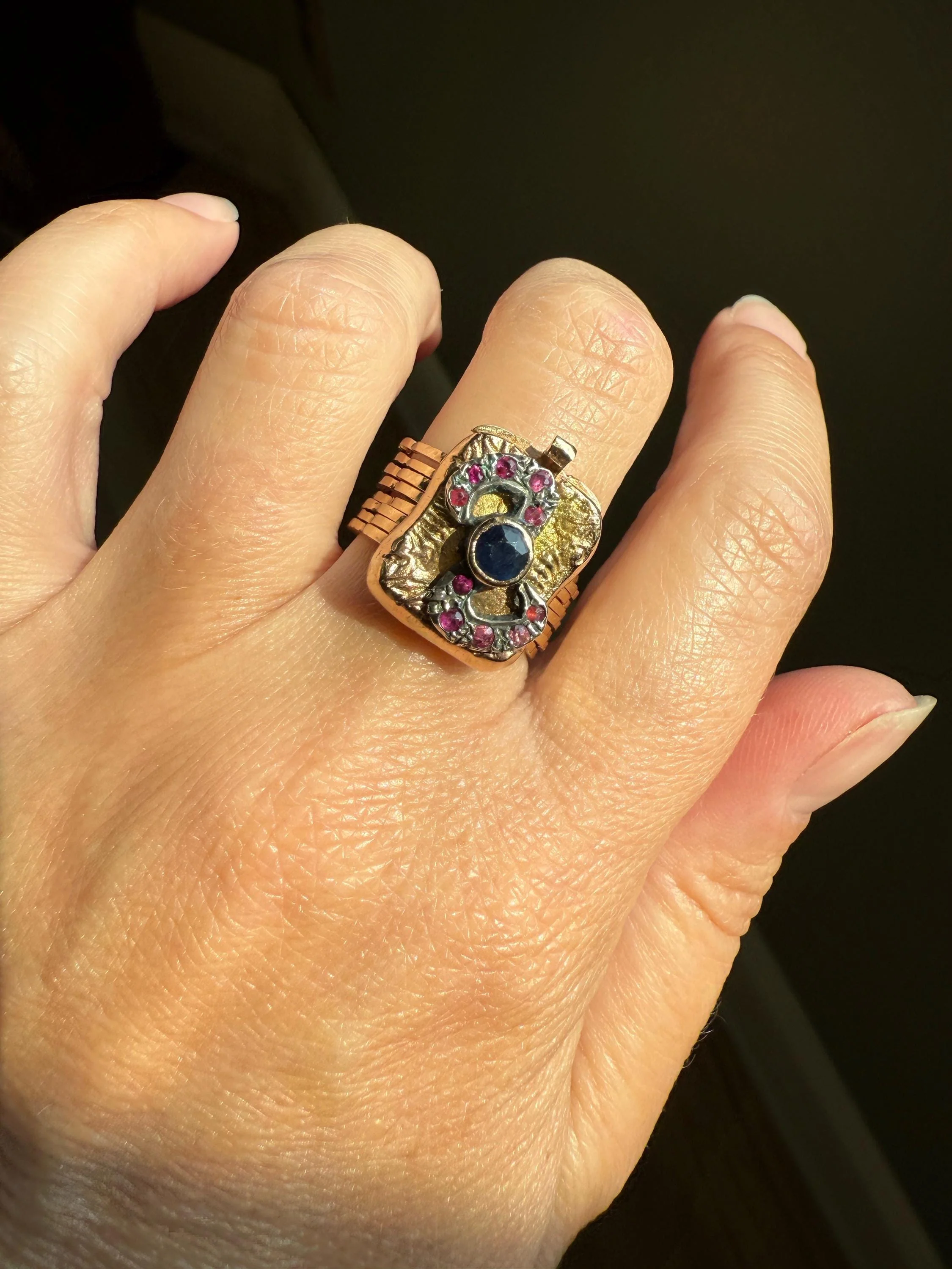 RARE 2 for 1 Convertible RING to BRACELET Surprise Antique Sapphire Ruby Bow 9k Gold Silver Top Clasp Expandable Secret - Image 4