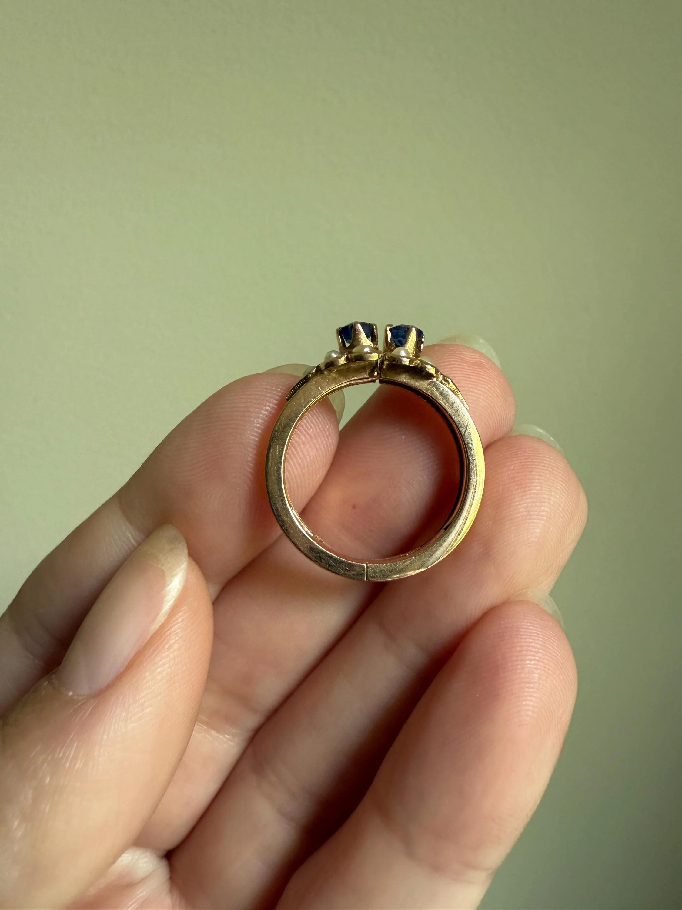 RARE 2 for 1 Convertible RING to EARRINGS Hoops Antique Pearl Faux Sapphire Blue Doublet Ooak Museum Piece - Image 10