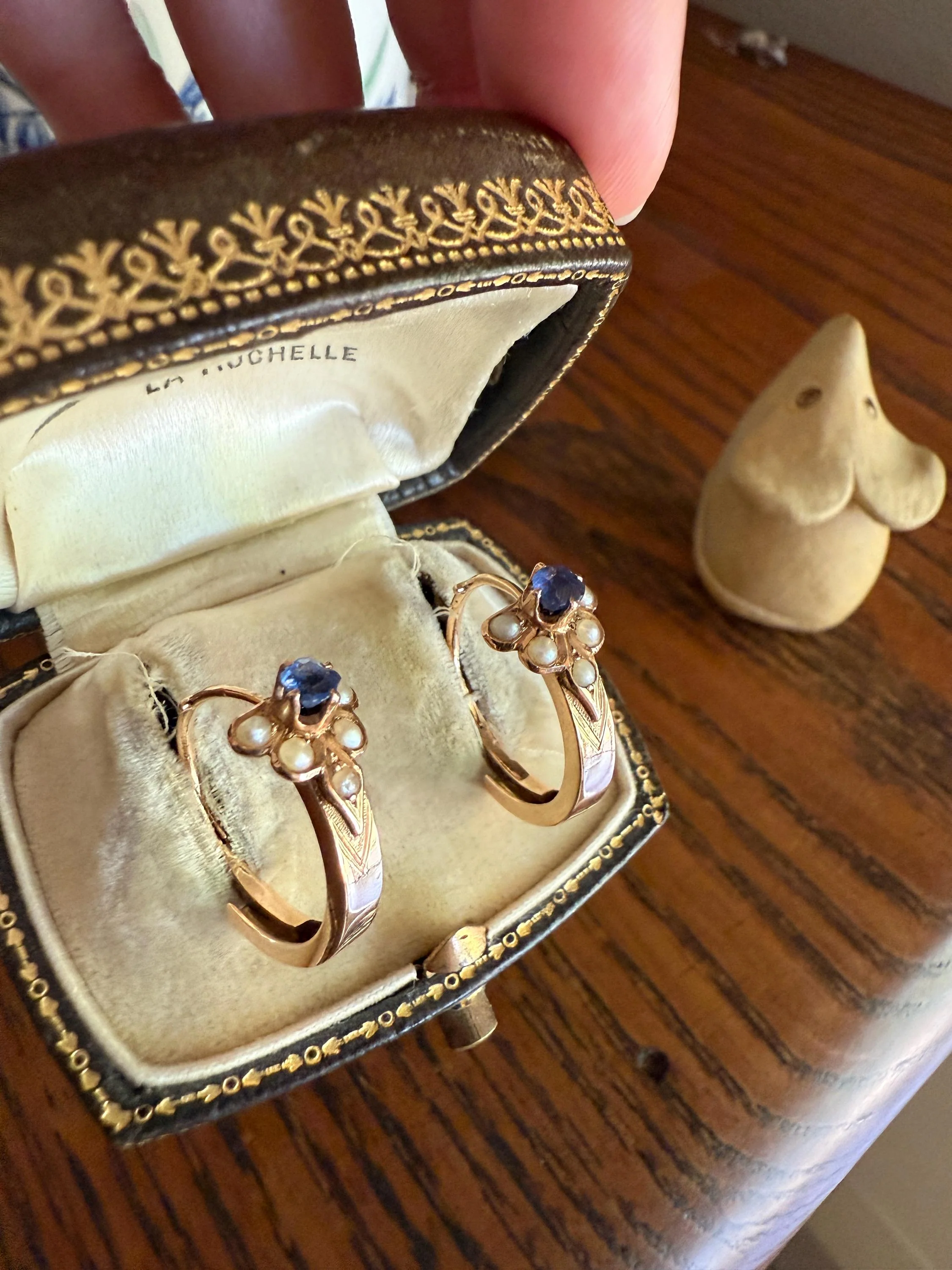 RARE 2 for 1 Convertible RING to EARRINGS Hoops Antique Pearl Faux Sapphire Blue Doublet Ooak Museum Piece - Image 11