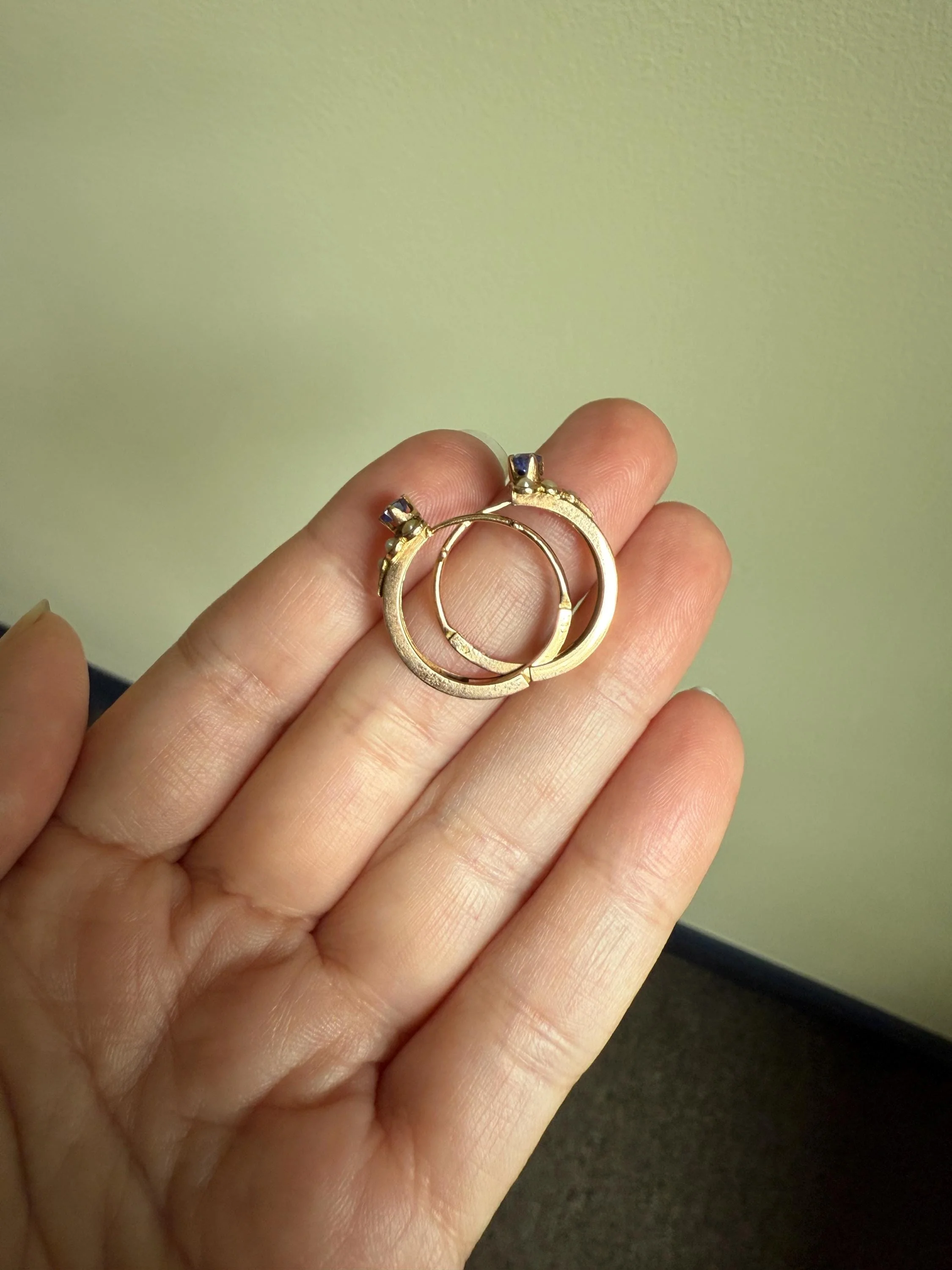 RARE 2 for 1 Convertible RING to EARRINGS Hoops Antique Pearl Faux Sapphire Blue Doublet Ooak Museum Piece - Image 3