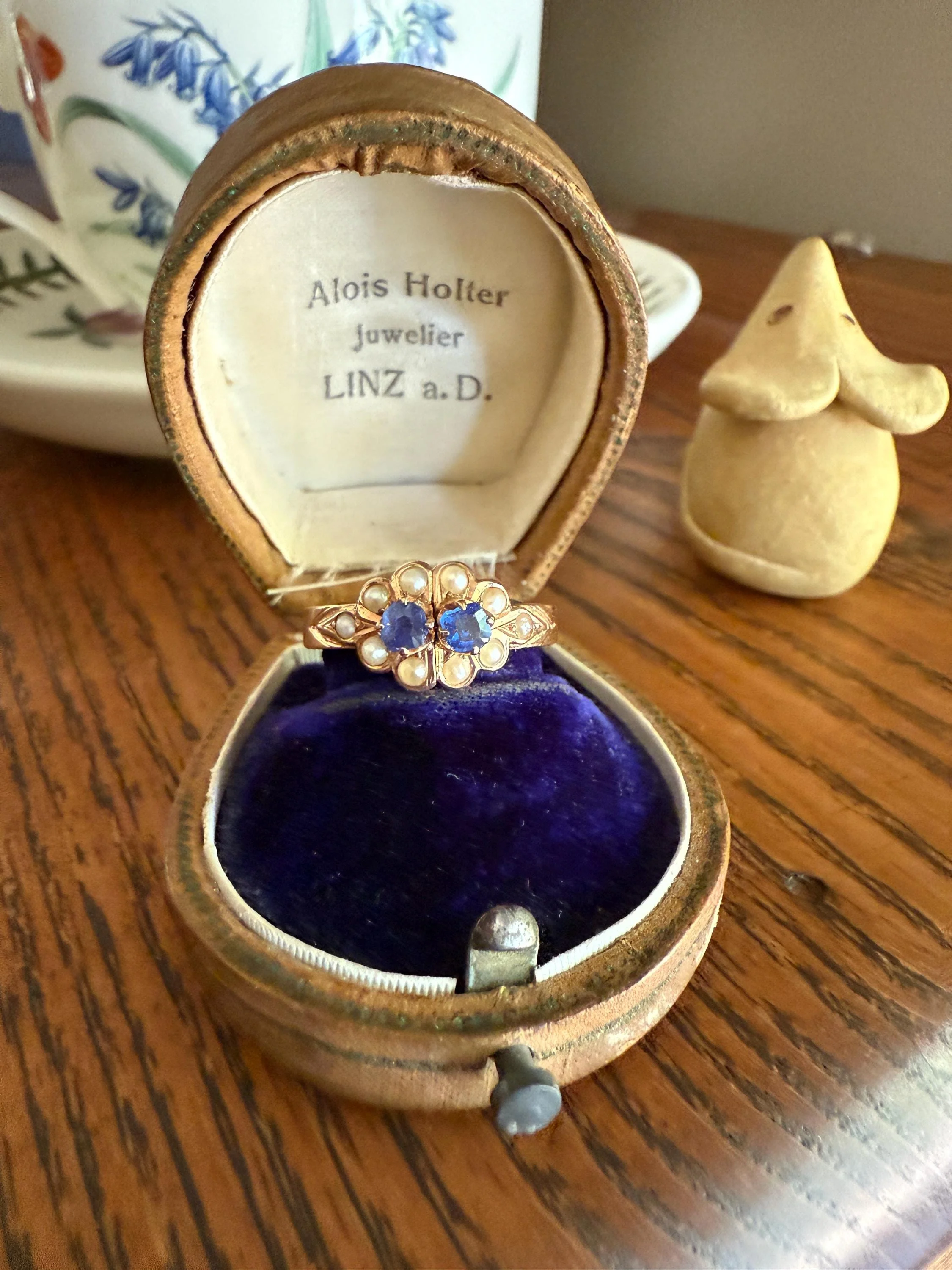 RARE 2 for 1 Convertible RING to EARRINGS Hoops Antique Pearl Faux Sapphire Blue Doublet Ooak Museum Piece - Image 4