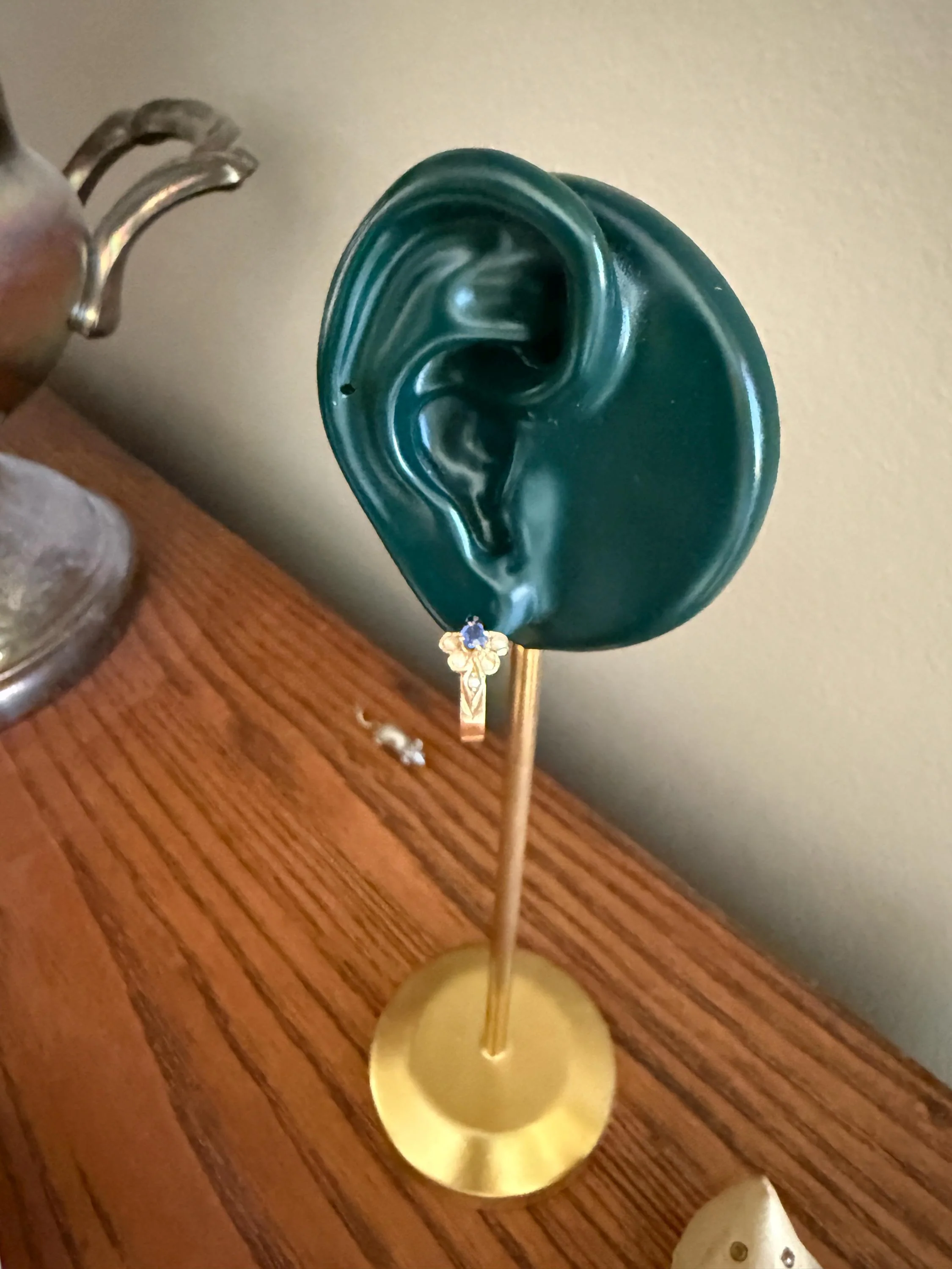 RARE 2 for 1 Convertible RING to EARRINGS Hoops Antique Pearl Faux Sapphire Blue Doublet Ooak Museum Piece - Image 5