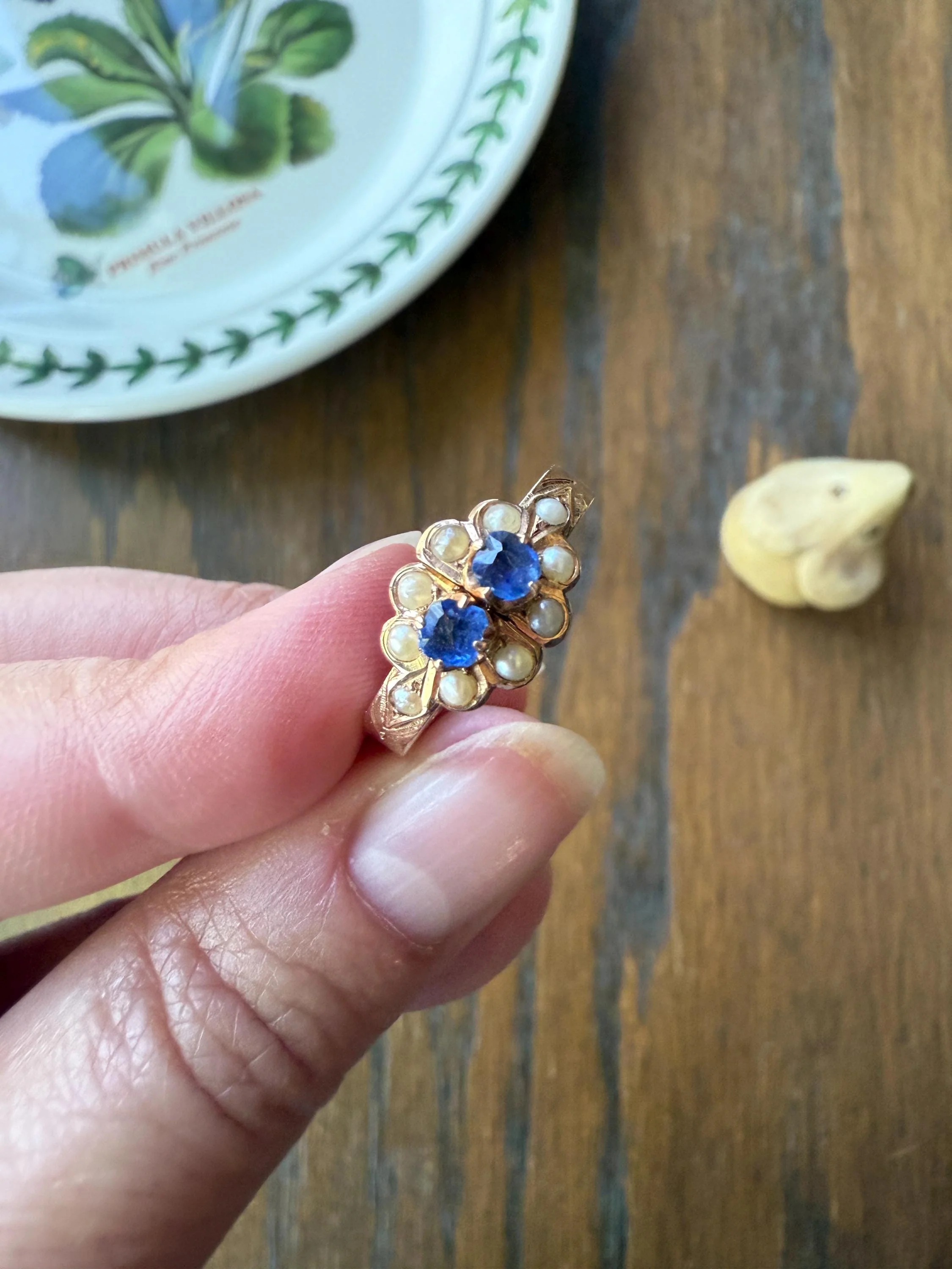 RARE 2 for 1 Convertible RING to EARRINGS Hoops Antique Pearl Faux Sapphire Blue Doublet Ooak Museum Piece - Image 6