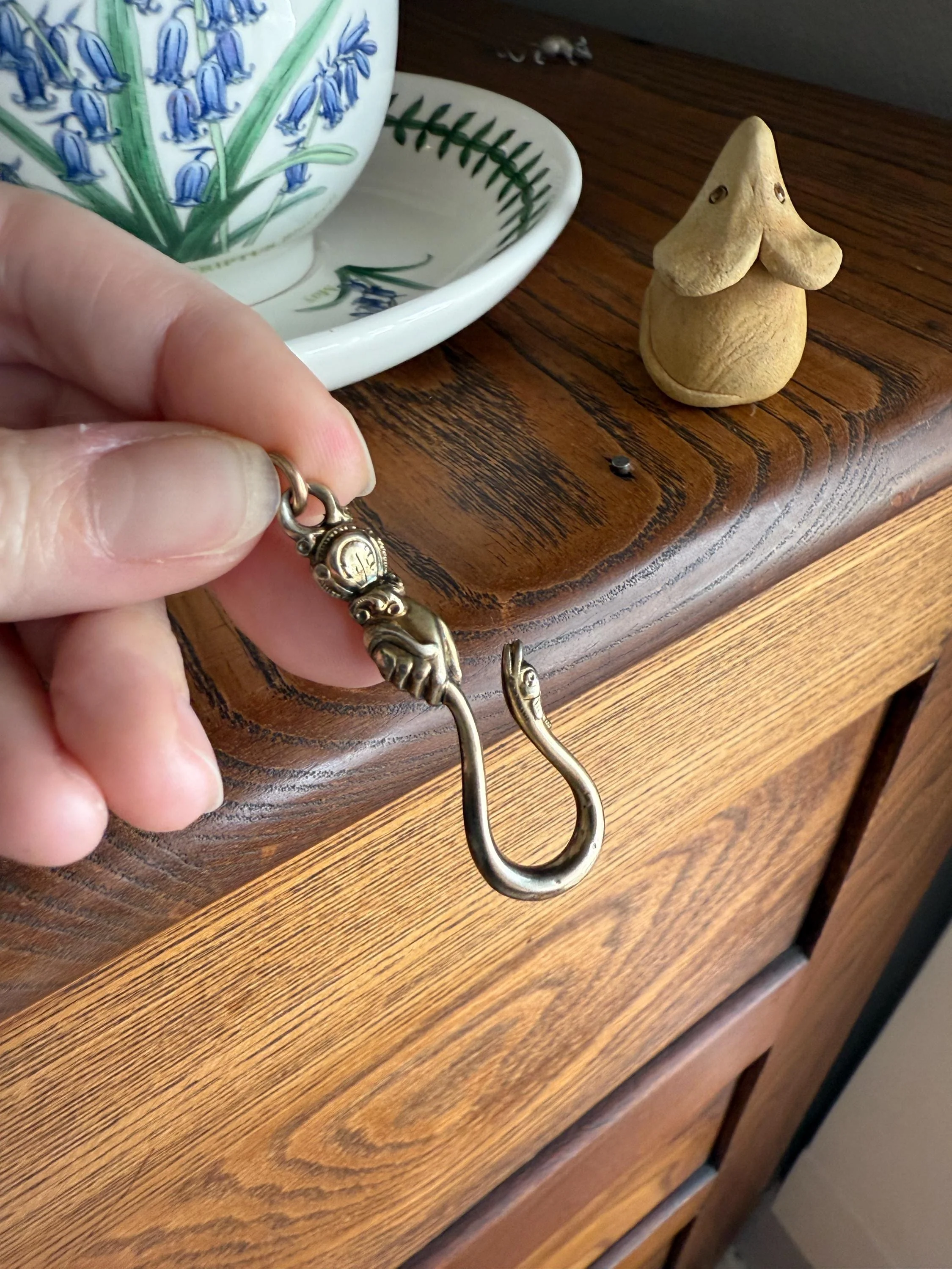 Rare ANTIQUE Hand Holding SNAKE Hook Pendant Holder Victorian Figural Parts Findings Gold Wash Gilt Metal Silver? Reversible 3D - Image 10