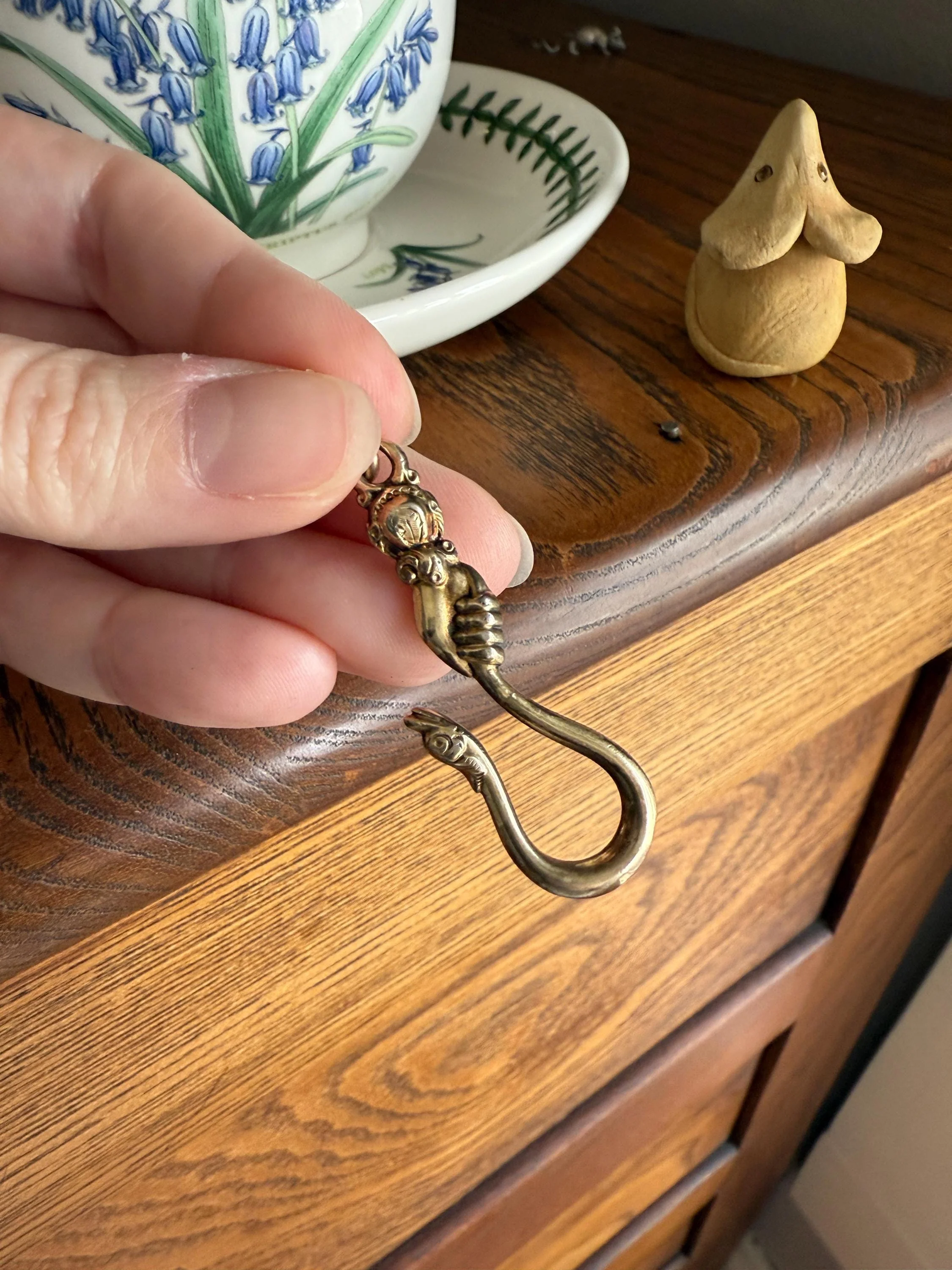 Rare ANTIQUE Hand Holding SNAKE Hook Pendant Holder Victorian Figural Parts Findings Gold Wash Gilt Metal Silver? Reversible 3D - Image 11