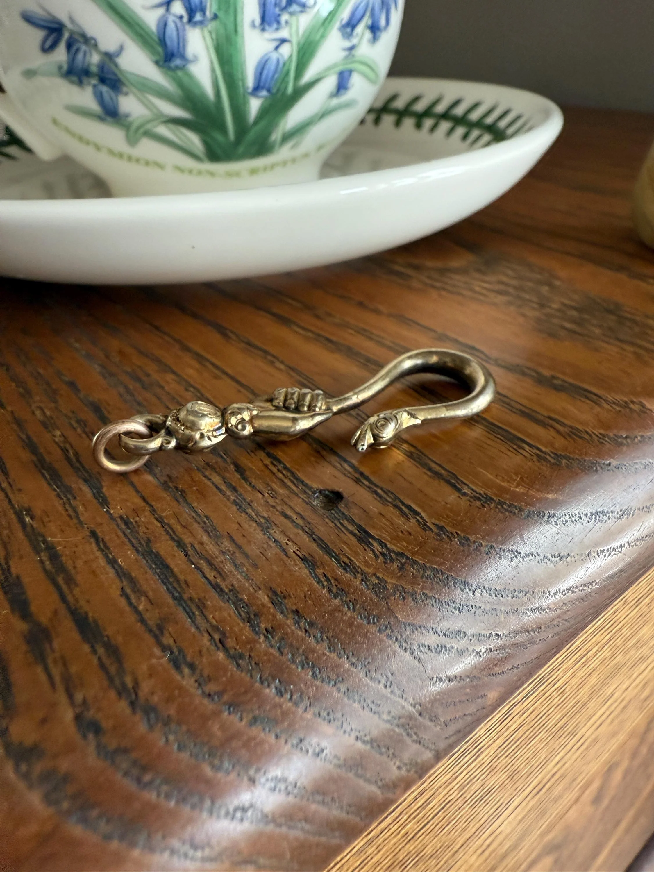 Rare ANTIQUE Hand Holding SNAKE Hook Pendant Holder Victorian Figural Parts Findings Gold Wash Gilt Metal Silver? Reversible 3D - Image 2