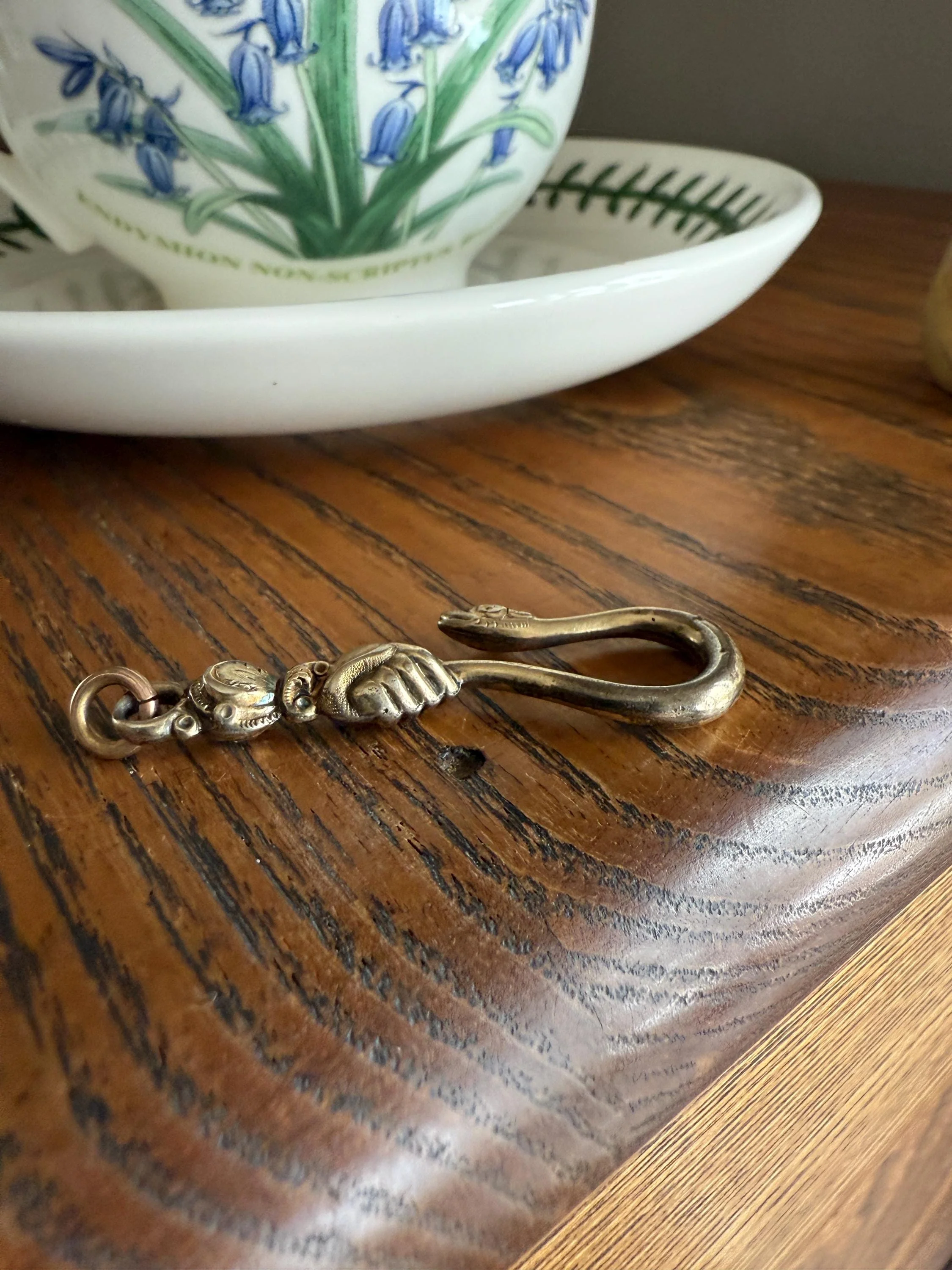 Rare ANTIQUE Hand Holding SNAKE Hook Pendant Holder Victorian Figural Parts Findings Gold Wash Gilt Metal Silver? Reversible 3D - Image 9