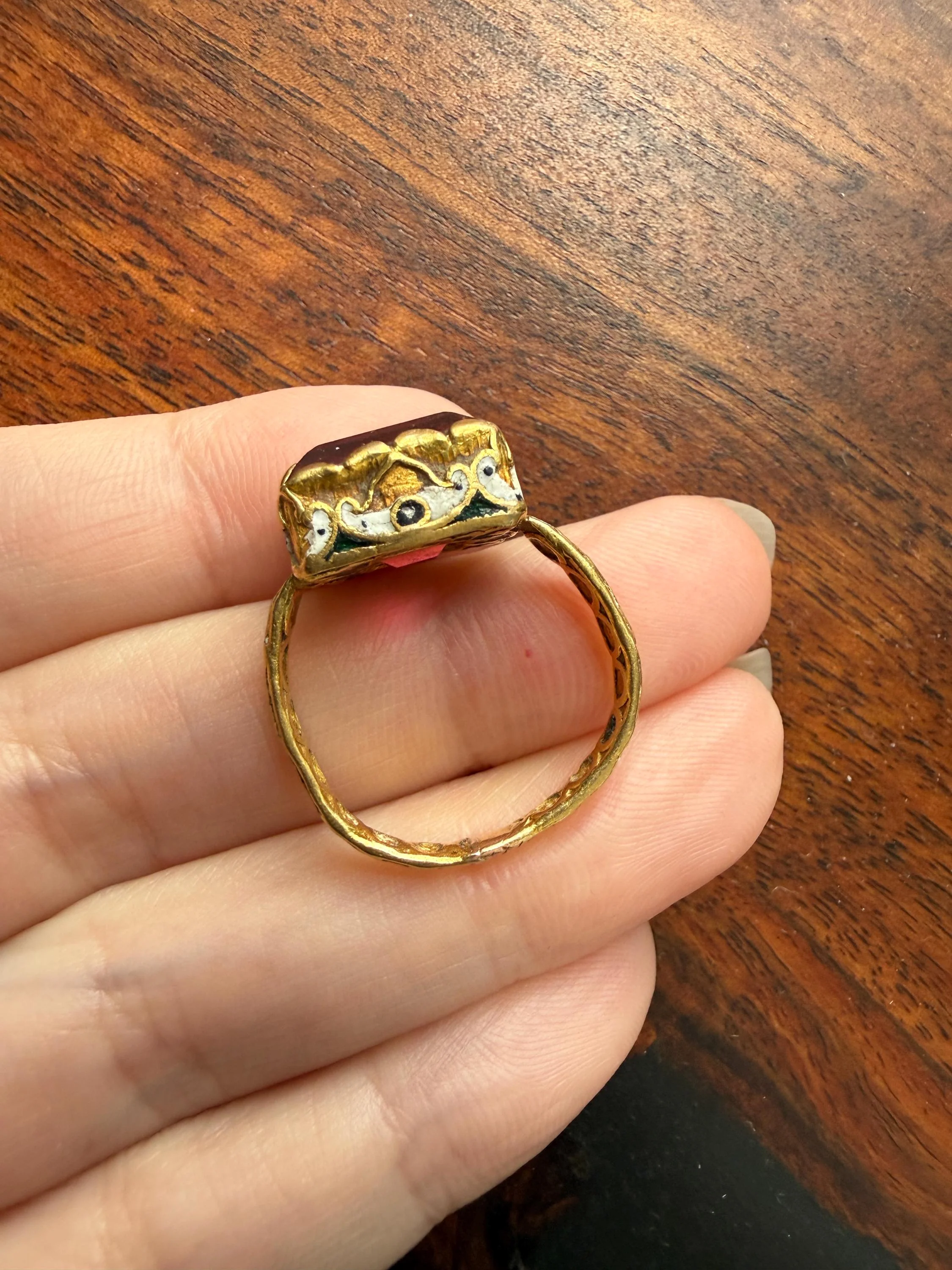 Rare Antique Pyramid Ring Enamel Vibrant Table Cut Red Paste Glass Faux Ruby 18 Gold French Bague Tombeau? Pie Crust Bezel Green Ring Butt - Image 13