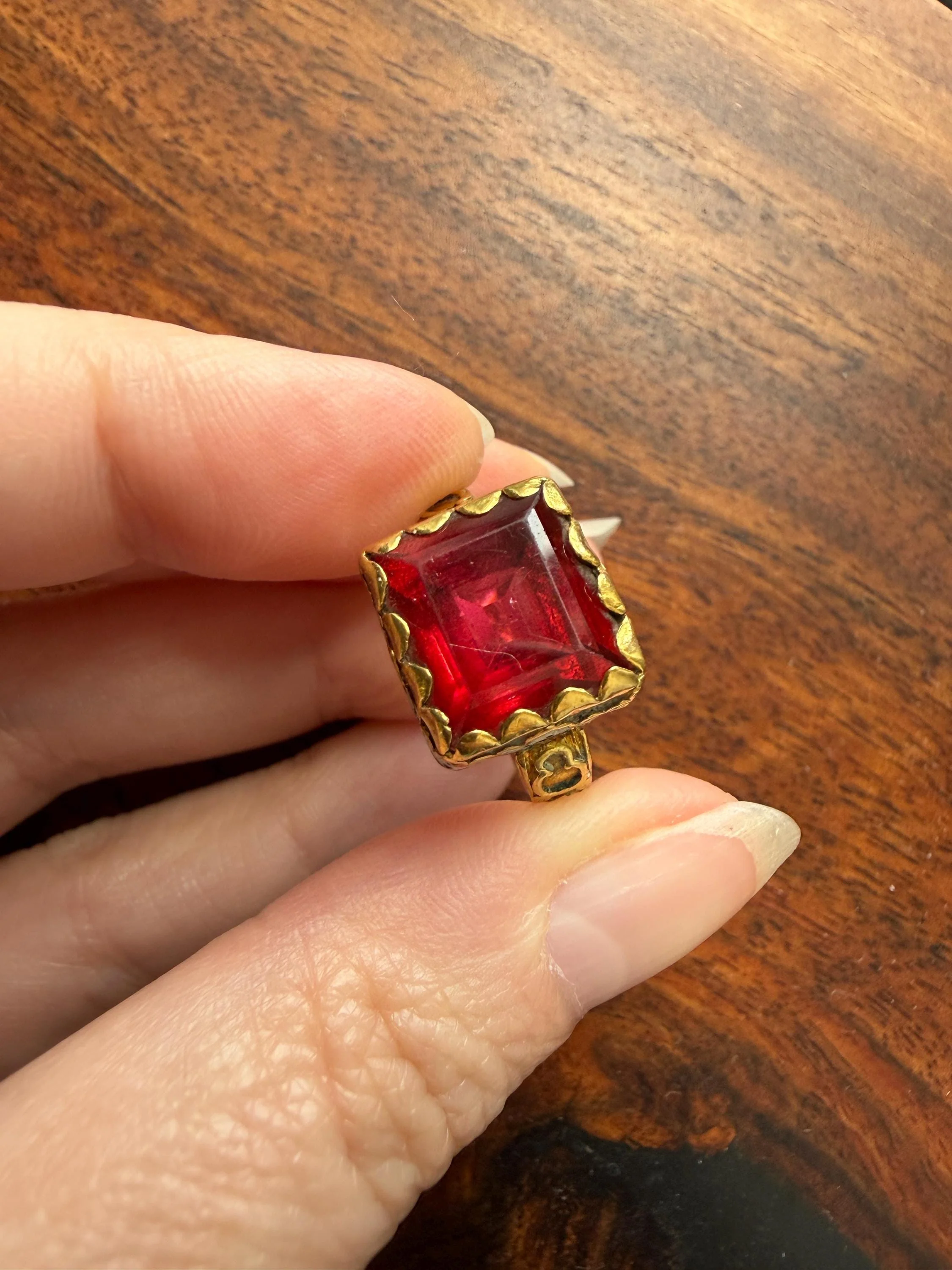 Rare Antique Pyramid Ring Enamel Vibrant Table Cut Red Paste Glass Faux Ruby 18 Gold French Bague Tombeau? Pie Crust Bezel Green Ring Butt - Image 17