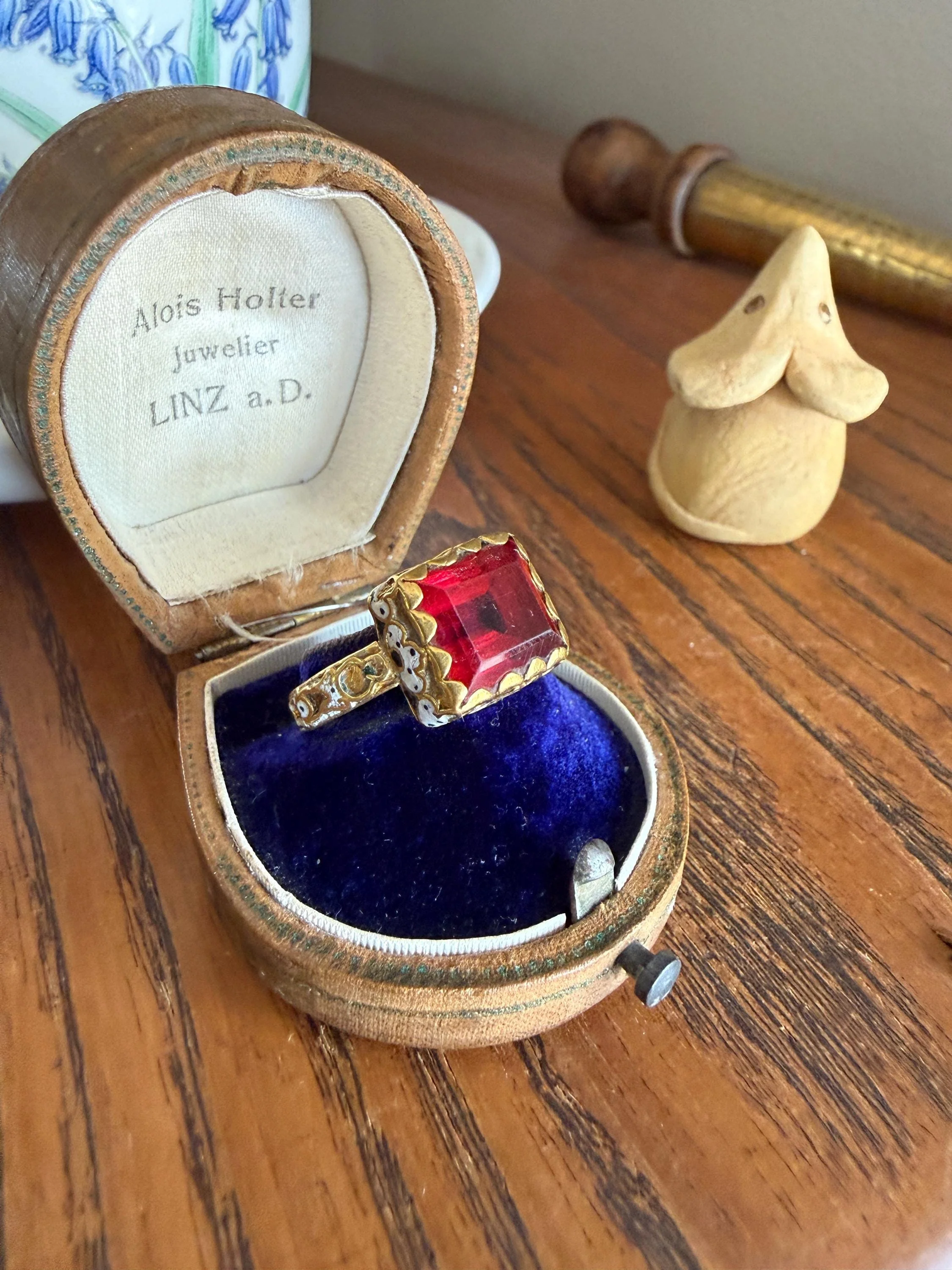 Rare Antique Pyramid Ring Enamel Vibrant Table Cut Red Paste Glass Faux Ruby 18 Gold French Bague Tombeau? Pie Crust Bezel Green Ring Butt - Image 21