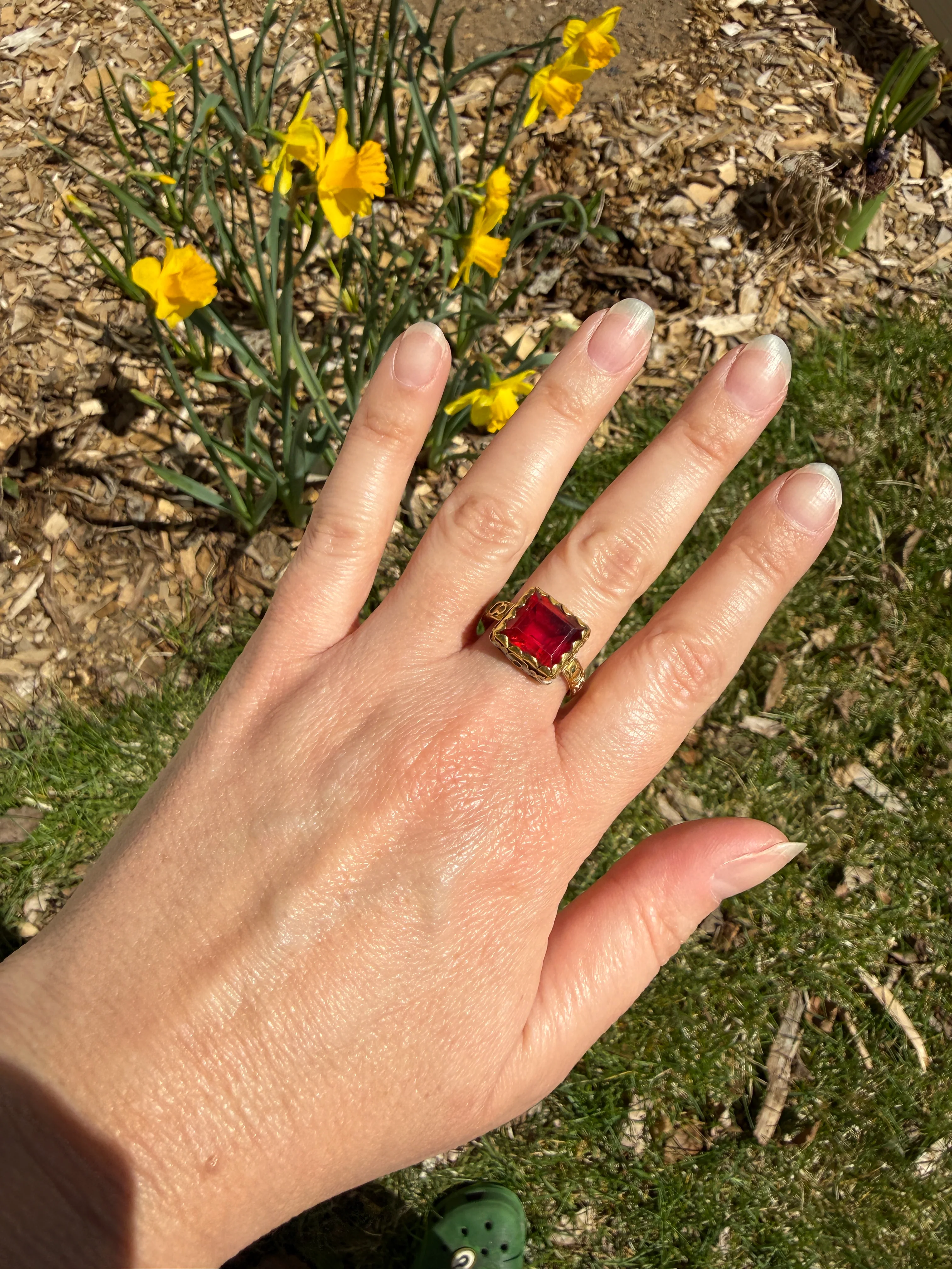 Rare Antique Pyramid Ring Enamel Vibrant Table Cut Red Paste Glass Faux Ruby 18 Gold French Bague Tombeau? Pie Crust Bezel Green Ring Butt - Image 23