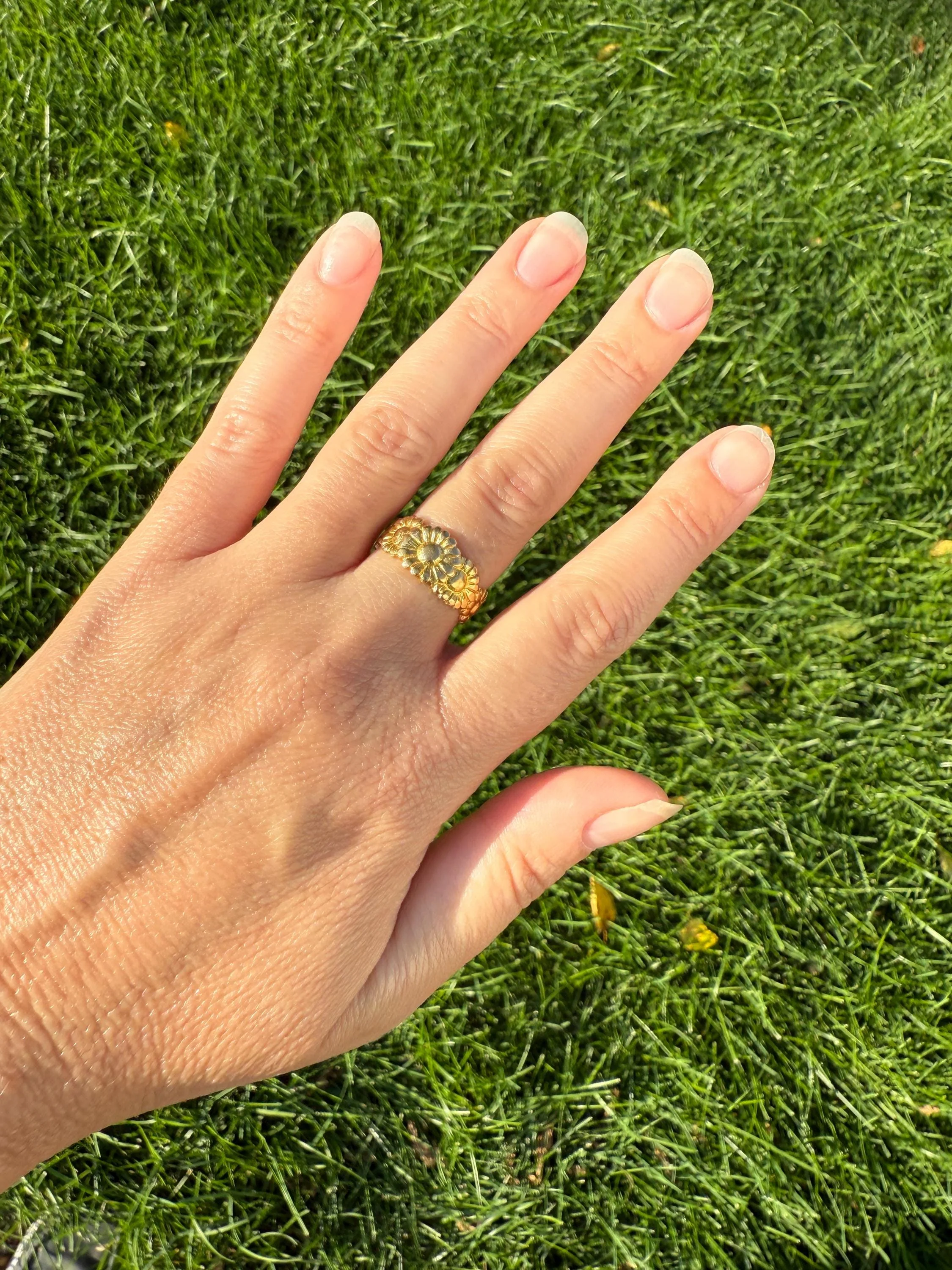 Rare Daisy Chain French Antique Figural 18k Gold Ring Floral Art Nouveau Belle Epoque 7 Flower Wide Wedding Eternity Band Stacker - Image 3