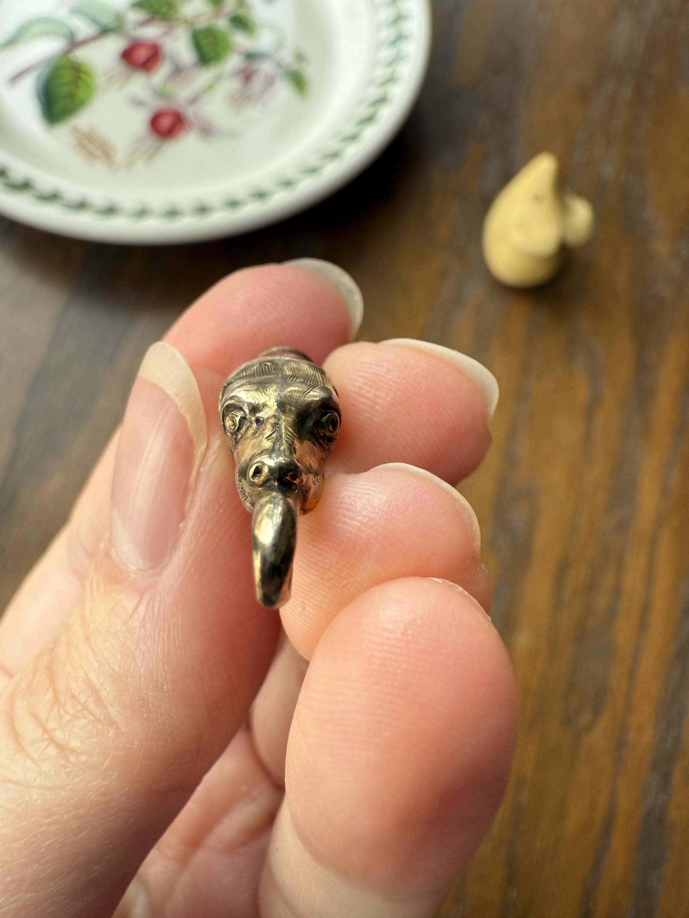Rare DOG Head Pendant Holder Fob Victorian Figural Parts Findings Gold Wash Gilt Metal Silver? Reversible 3D - Image 12