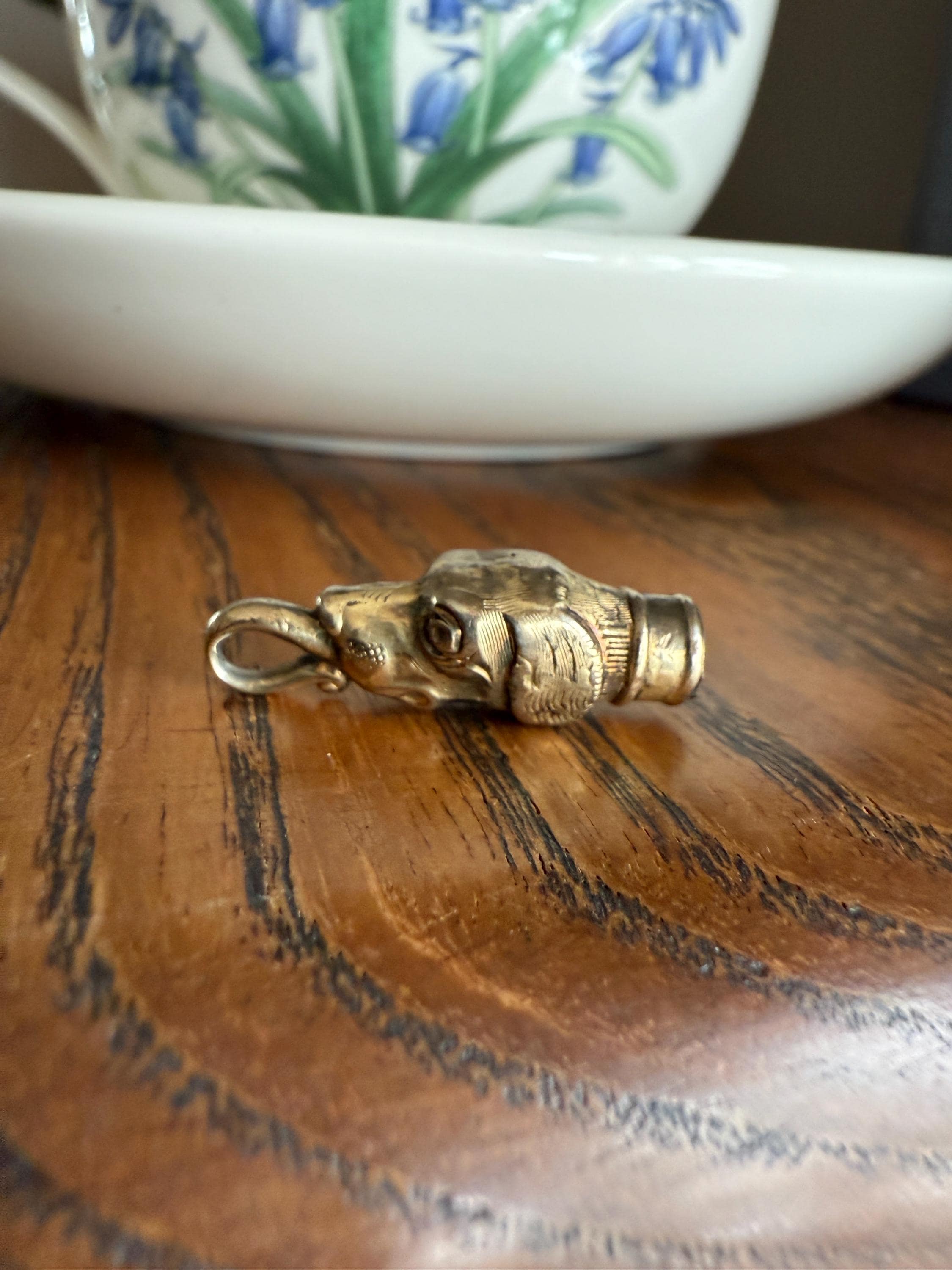 Rare DOG Head Pendant Holder Fob Victorian Figural Parts Findings Gold Wash Gilt Metal Silver? Reversible 3D - Image 2