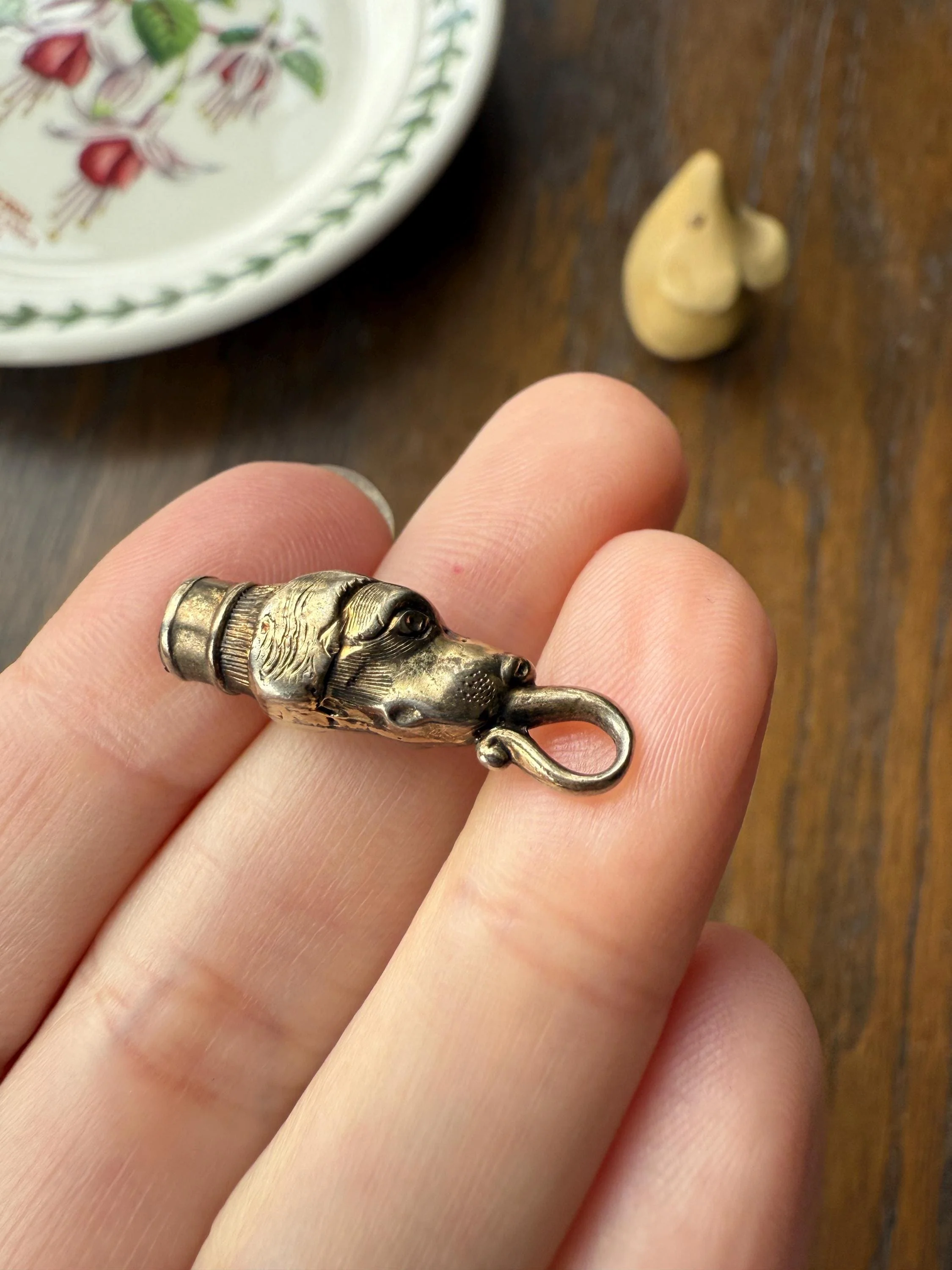 Rare DOG Head Pendant Holder Fob Victorian Figural Parts Findings Gold Wash Gilt Metal Silver? Reversible 3D - Image 7