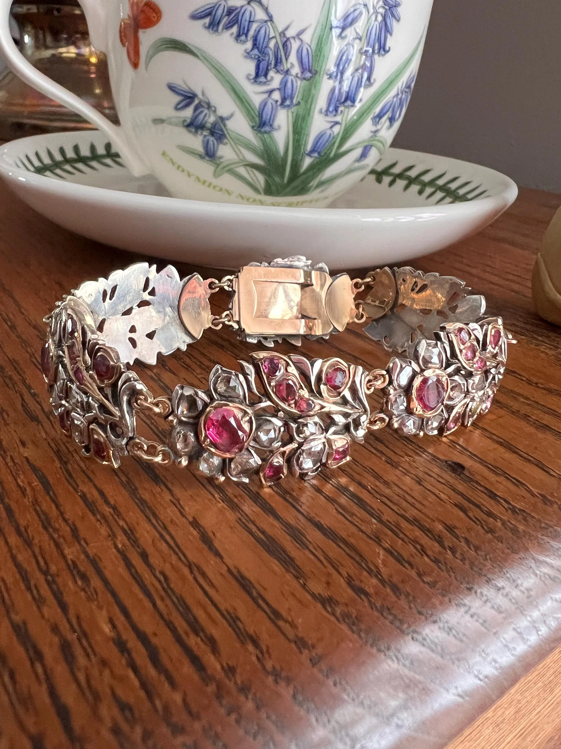 RARE Floral GIARDINETTI Antique Bracelet Flat Cut Ruby Pink Sapphire Rose Cut DIAMOND Figural Link Bracelet Georgian 14k Gold Silver - Image 10