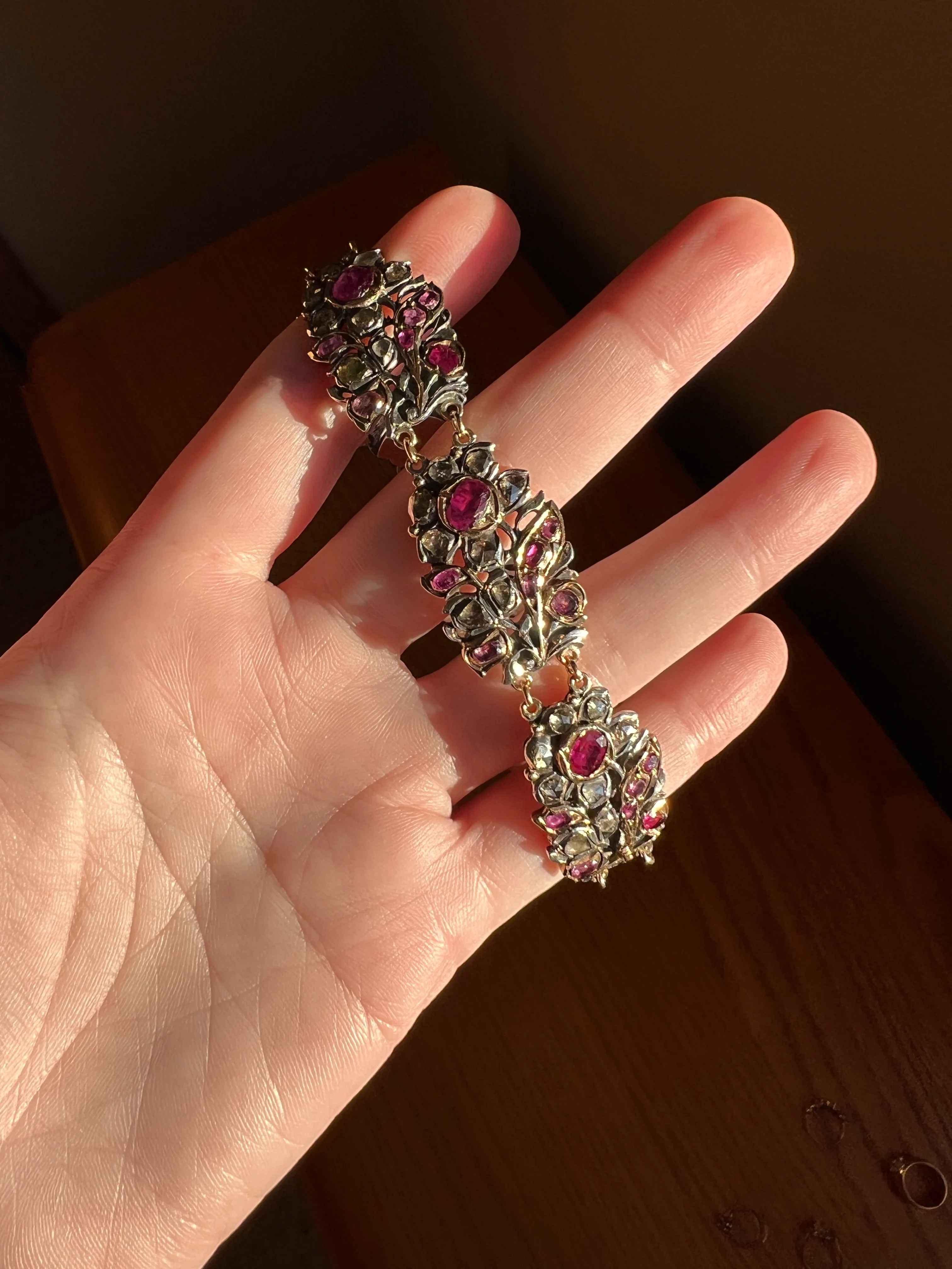 RARE Floral GIARDINETTI Antique Bracelet Flat Cut Ruby Pink Sapphire Rose Cut DIAMOND Figural Link Bracelet Georgian 14k Gold Silver - Image 11