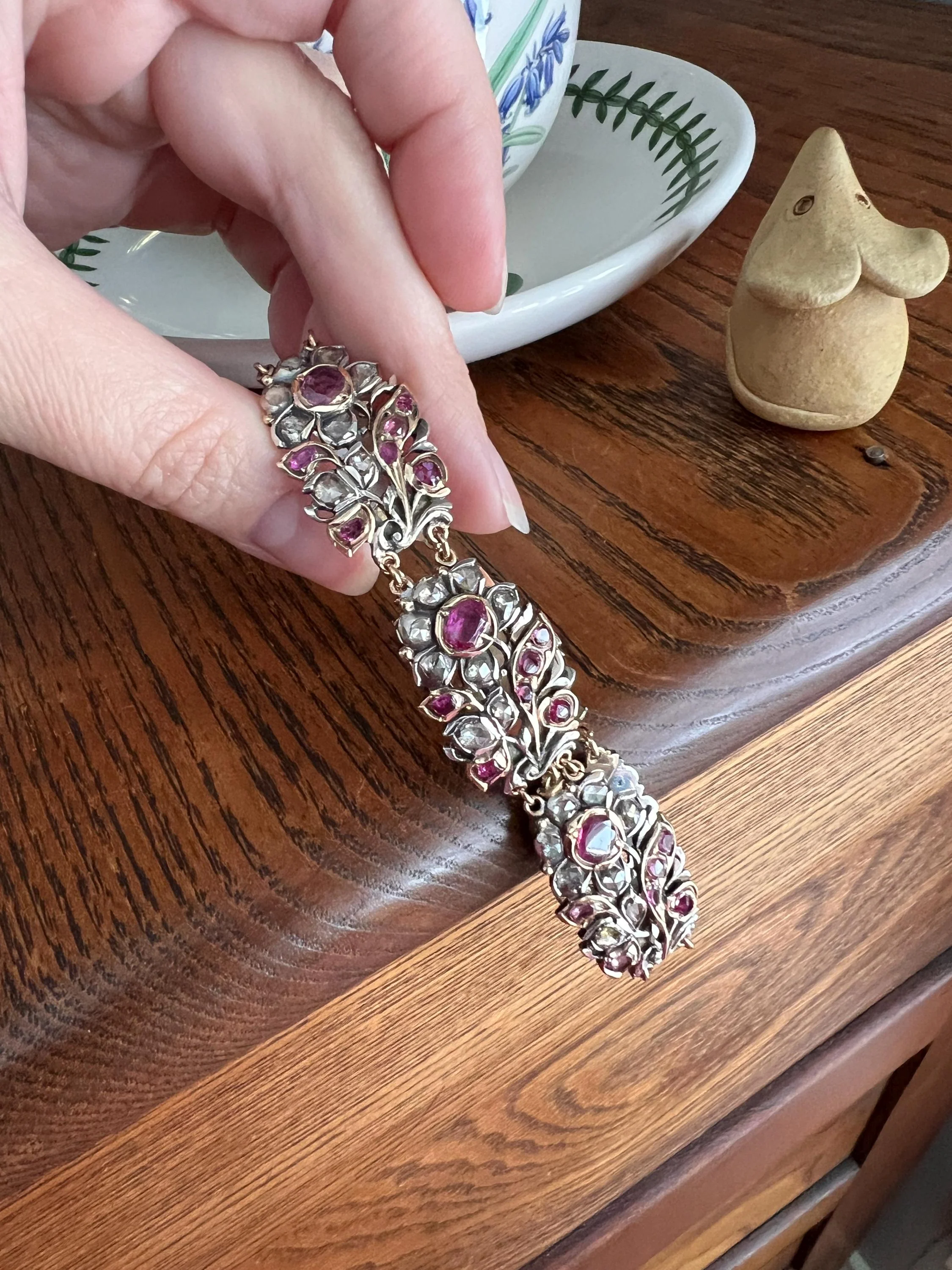 RARE Floral GIARDINETTI Antique Bracelet Flat Cut Ruby Pink Sapphire Rose Cut DIAMOND Figural Link Bracelet Georgian 14k Gold Silver - Image 12
