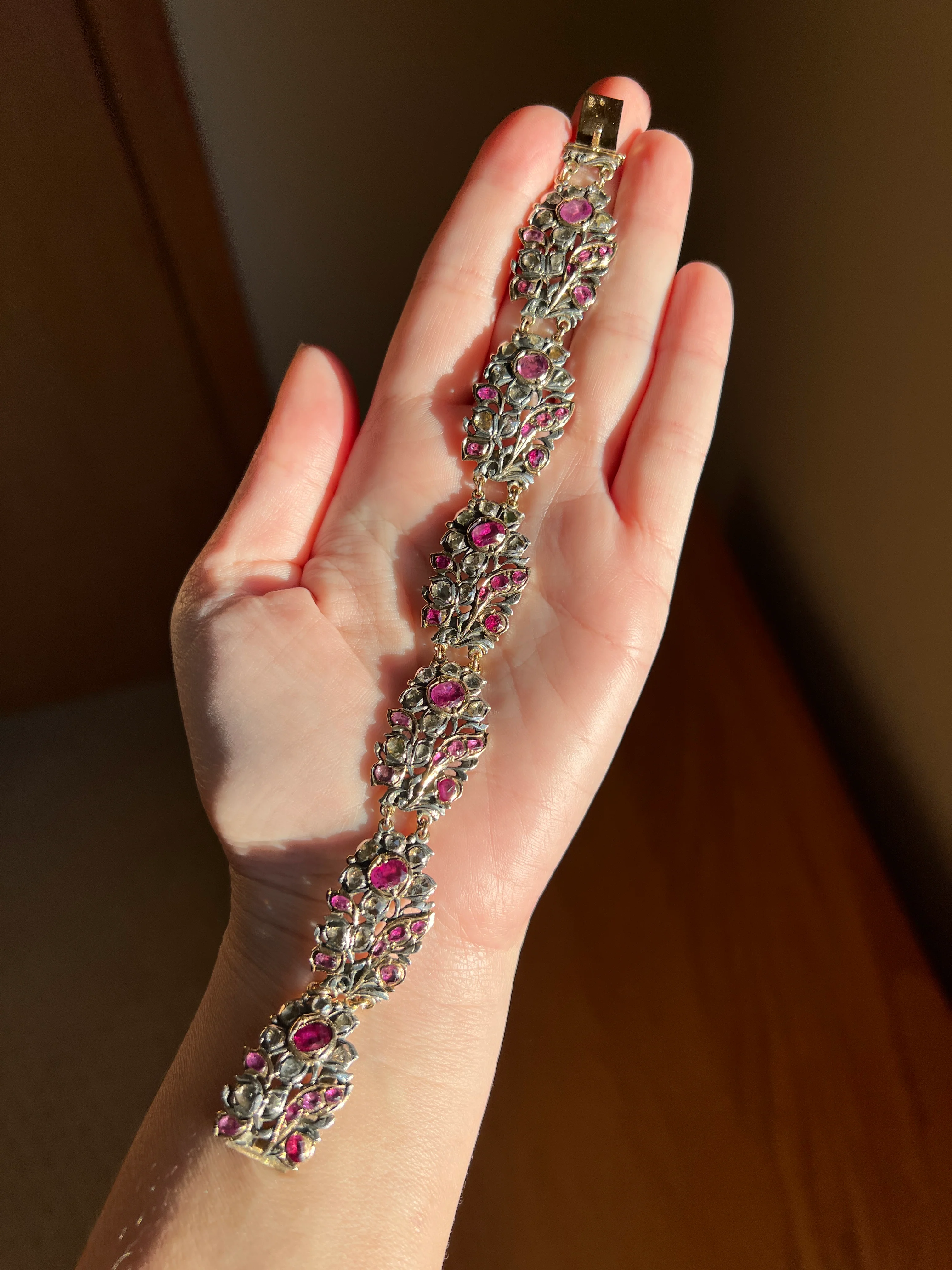 RARE Floral GIARDINETTI Antique Bracelet Flat Cut Ruby Pink Sapphire Rose Cut DIAMOND Figural Link Bracelet Georgian 14k Gold Silver - Image 13
