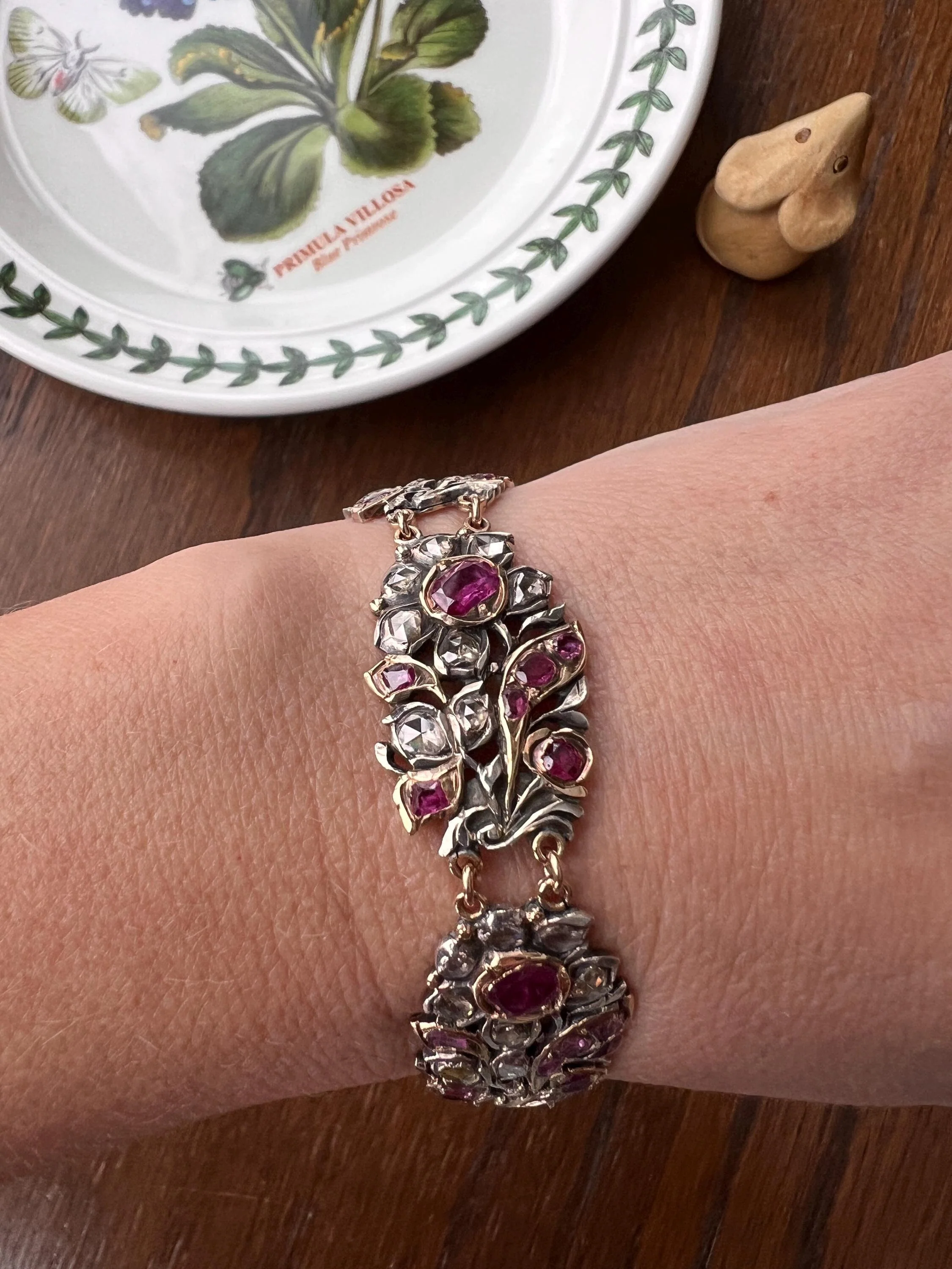 RARE Floral GIARDINETTI Antique Bracelet Flat Cut Ruby Pink Sapphire Rose Cut DIAMOND Figural Link Bracelet Georgian 14k Gold Silver - Image 15