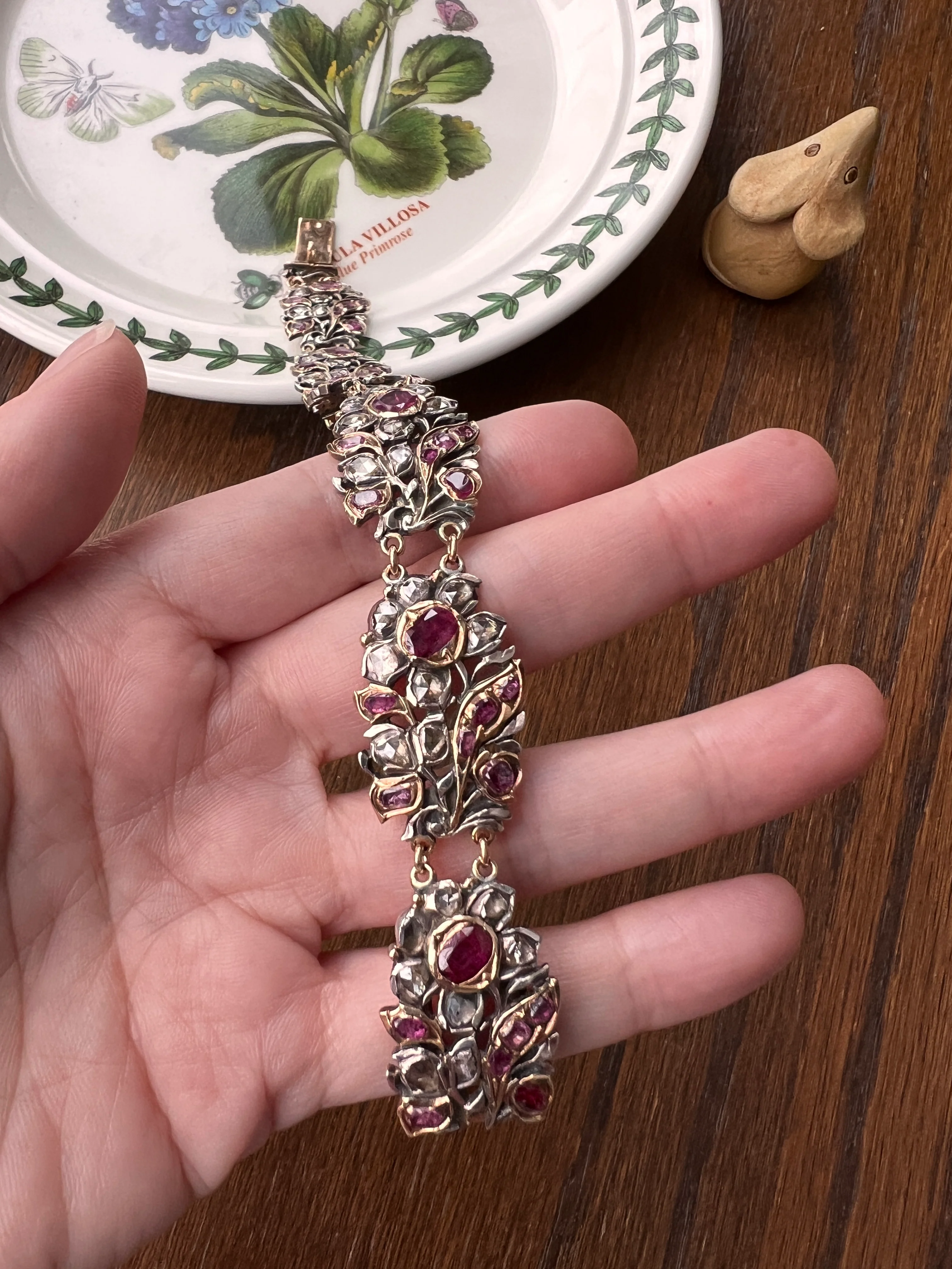RARE Floral GIARDINETTI Antique Bracelet Flat Cut Ruby Pink Sapphire Rose Cut DIAMOND Figural Link Bracelet Georgian 14k Gold Silver - Image 16