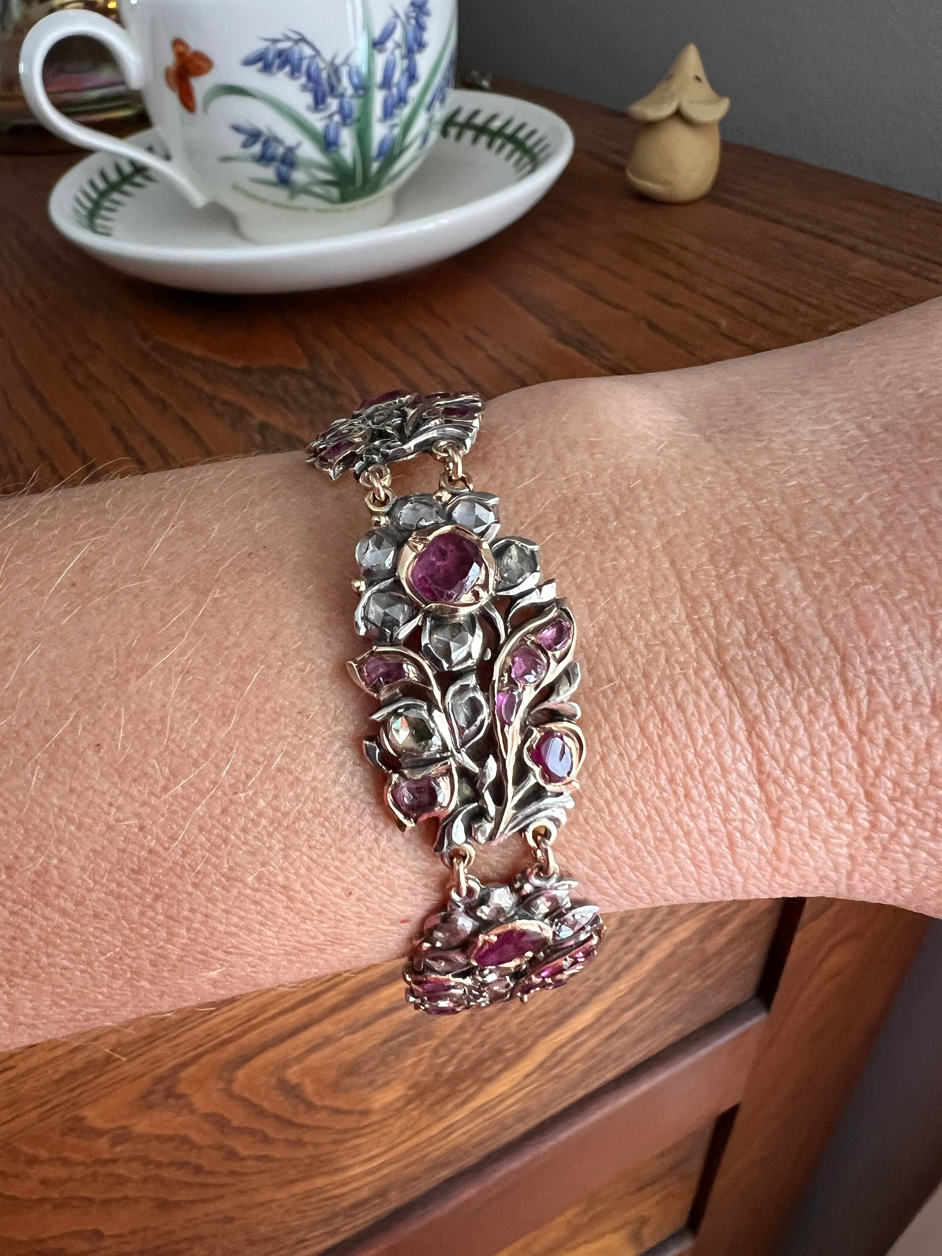 RARE Floral GIARDINETTI Antique Bracelet Flat Cut Ruby Pink Sapphire Rose Cut DIAMOND Figural Link Bracelet Georgian 14k Gold Silver - Image 17