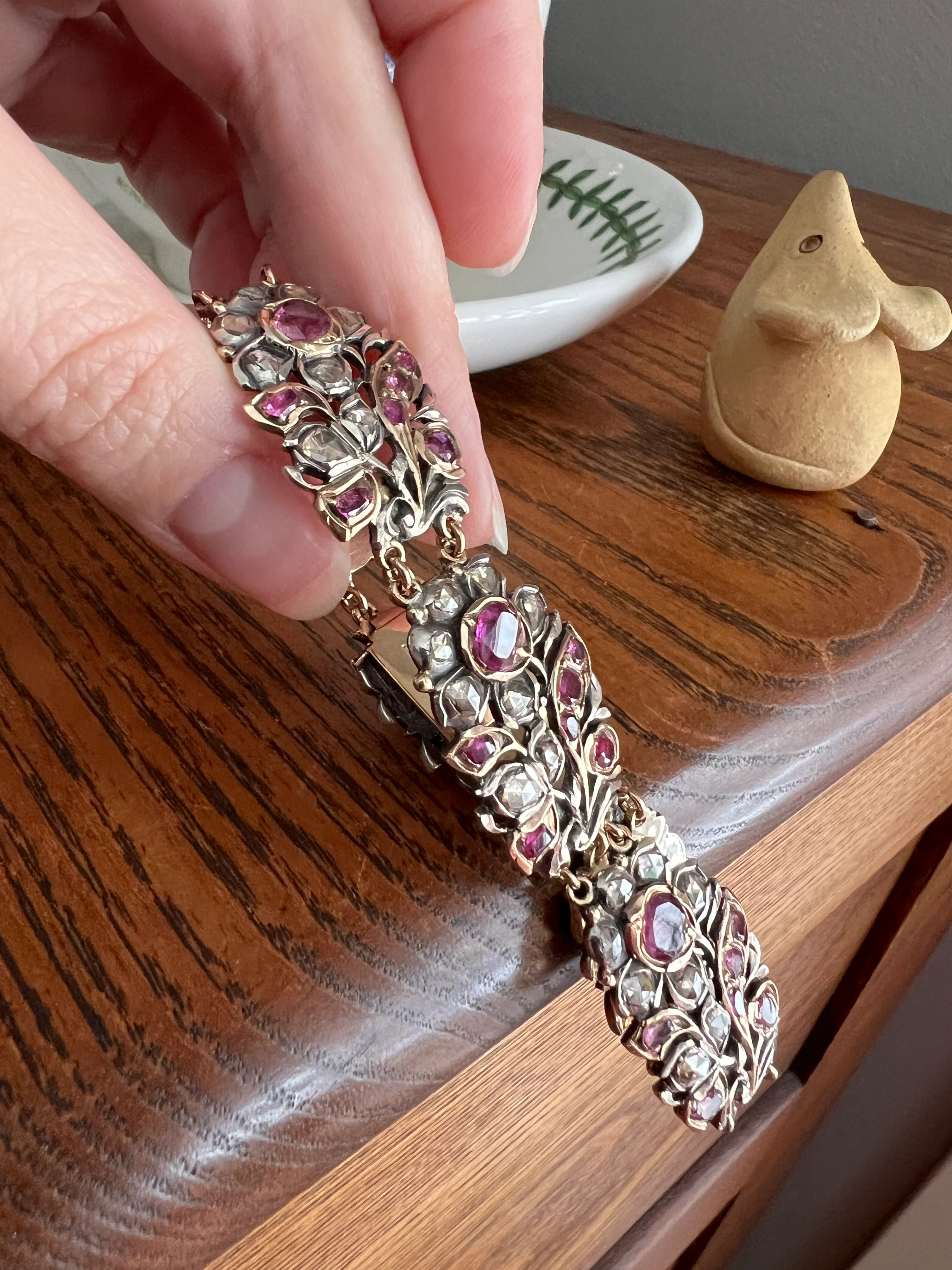 RARE Floral GIARDINETTI Antique Bracelet Flat Cut Ruby Pink Sapphire Rose Cut DIAMOND Figural Link Bracelet Georgian 14k Gold Silver - Image 18