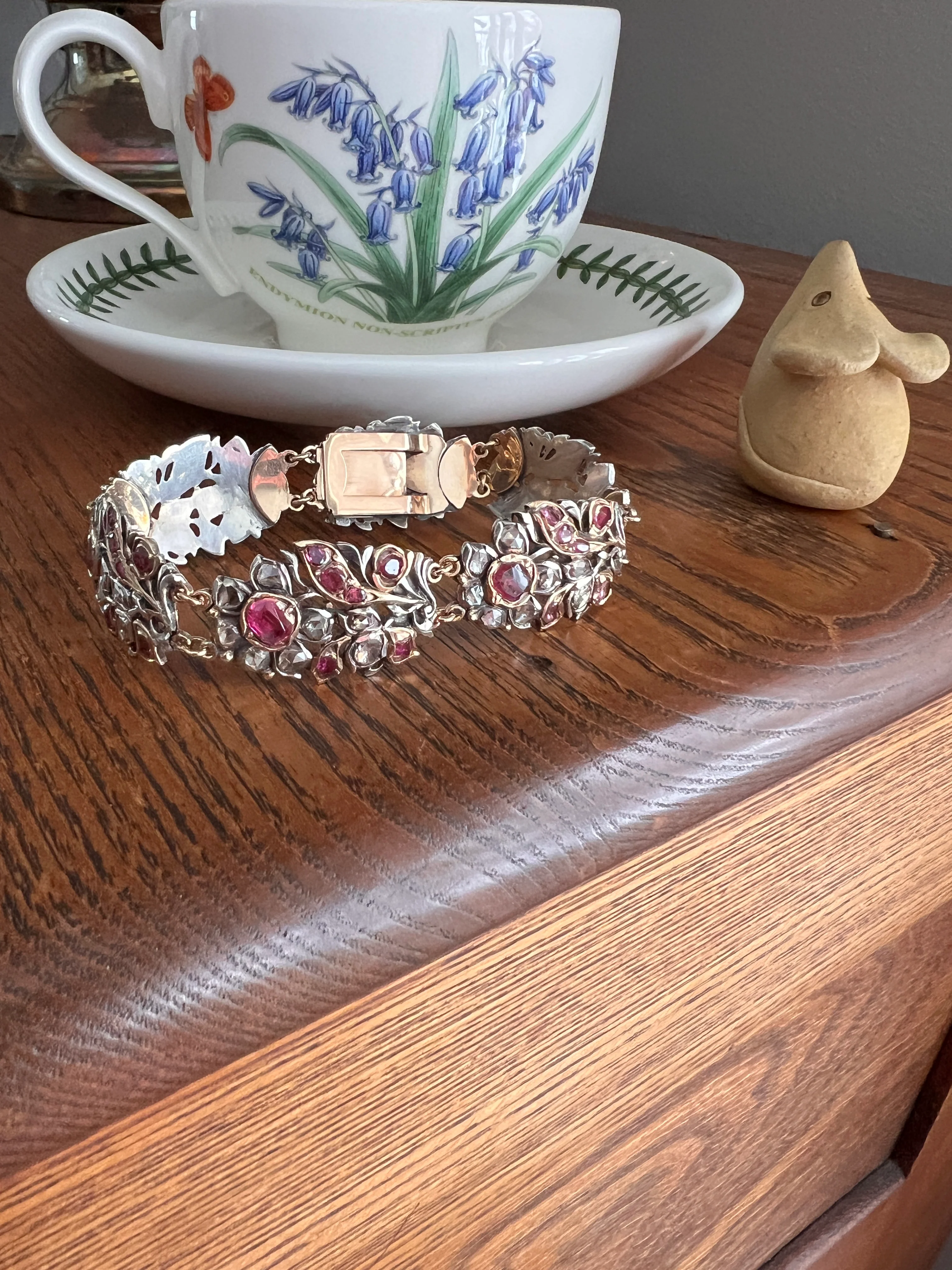 RARE Floral GIARDINETTI Antique Bracelet Flat Cut Ruby Pink Sapphire Rose Cut DIAMOND Figural Link Bracelet Georgian 14k Gold Silver - Image 19