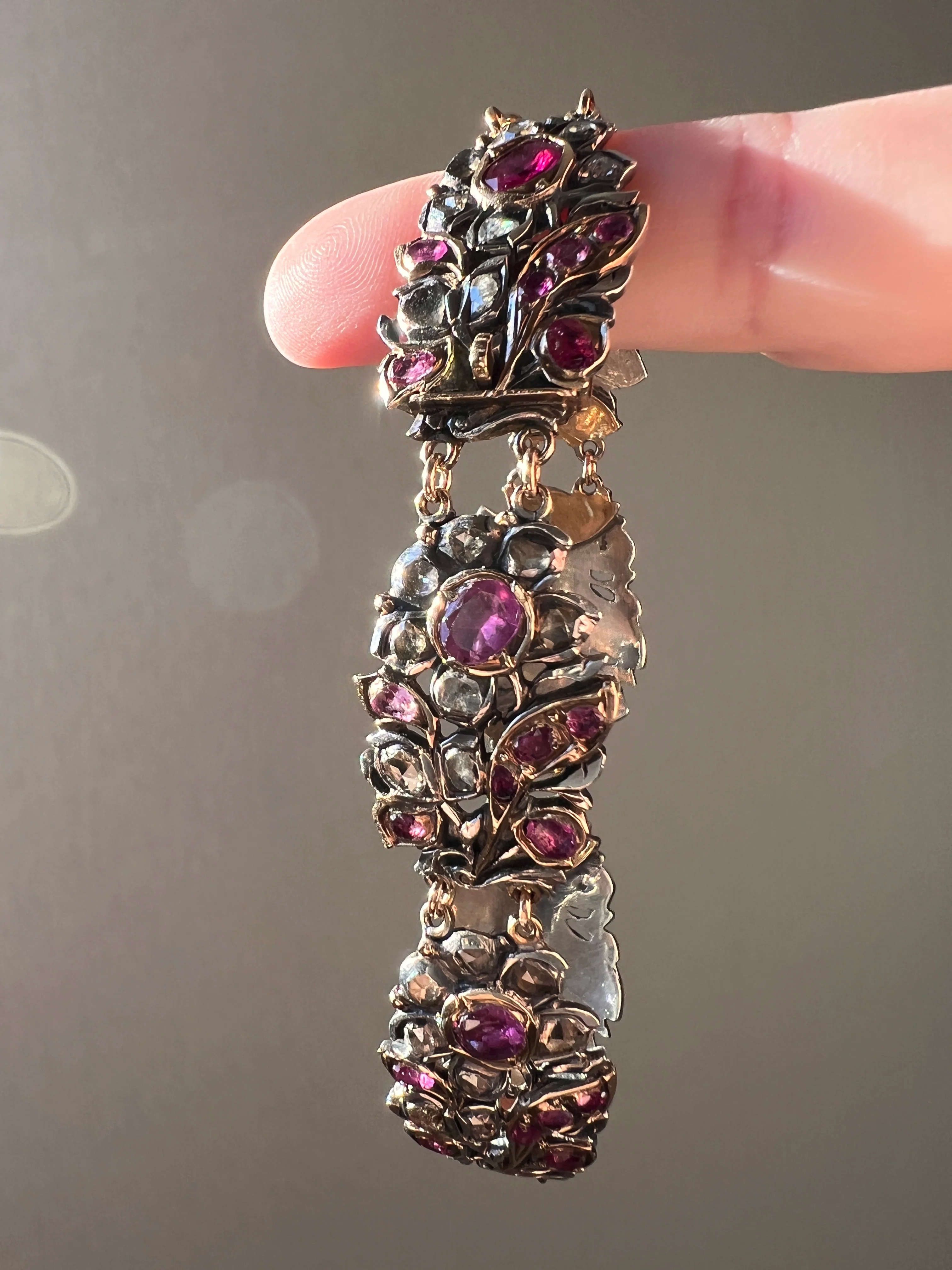 RARE Floral GIARDINETTI Antique Bracelet Flat Cut Ruby Pink Sapphire Rose Cut DIAMOND Figural Link Bracelet Georgian 14k Gold Silver - Image 2