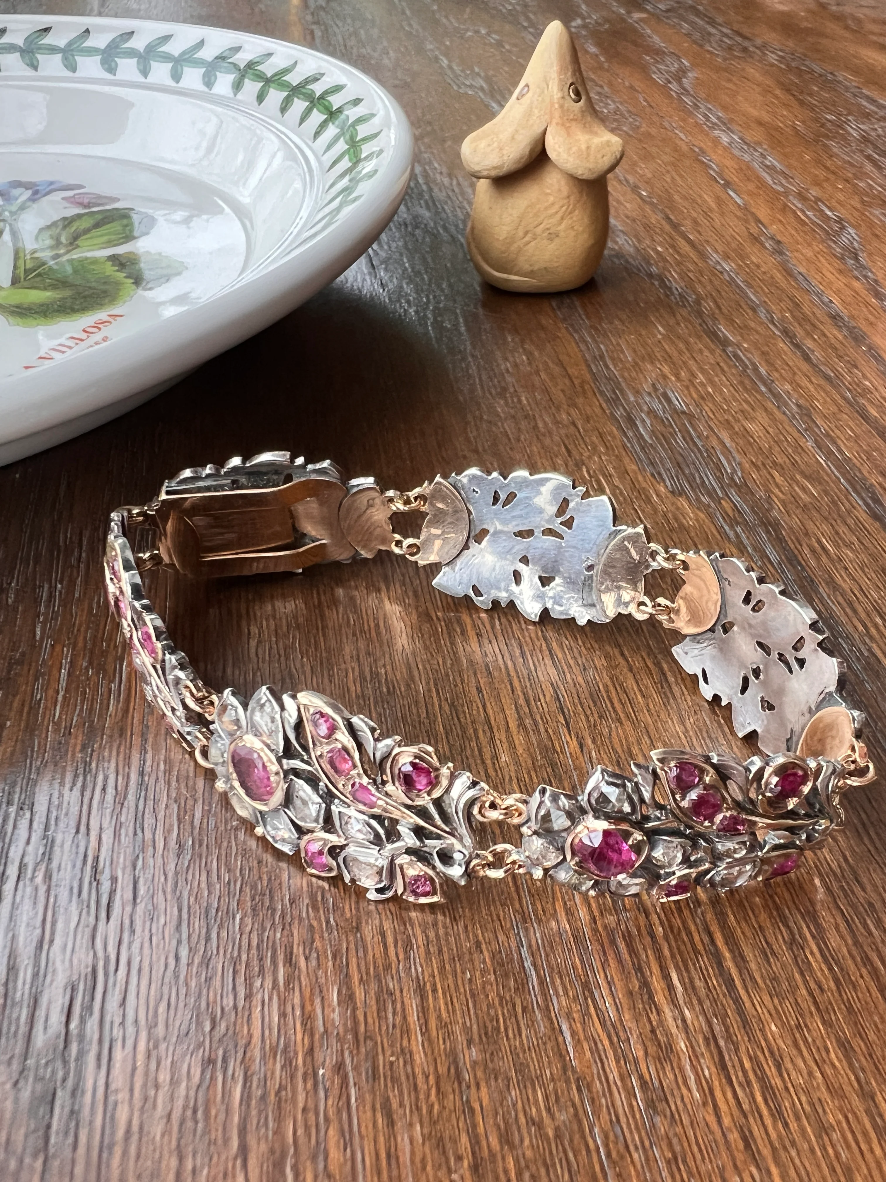 RARE Floral GIARDINETTI Antique Bracelet Flat Cut Ruby Pink Sapphire Rose Cut DIAMOND Figural Link Bracelet Georgian 14k Gold Silver - Image 21