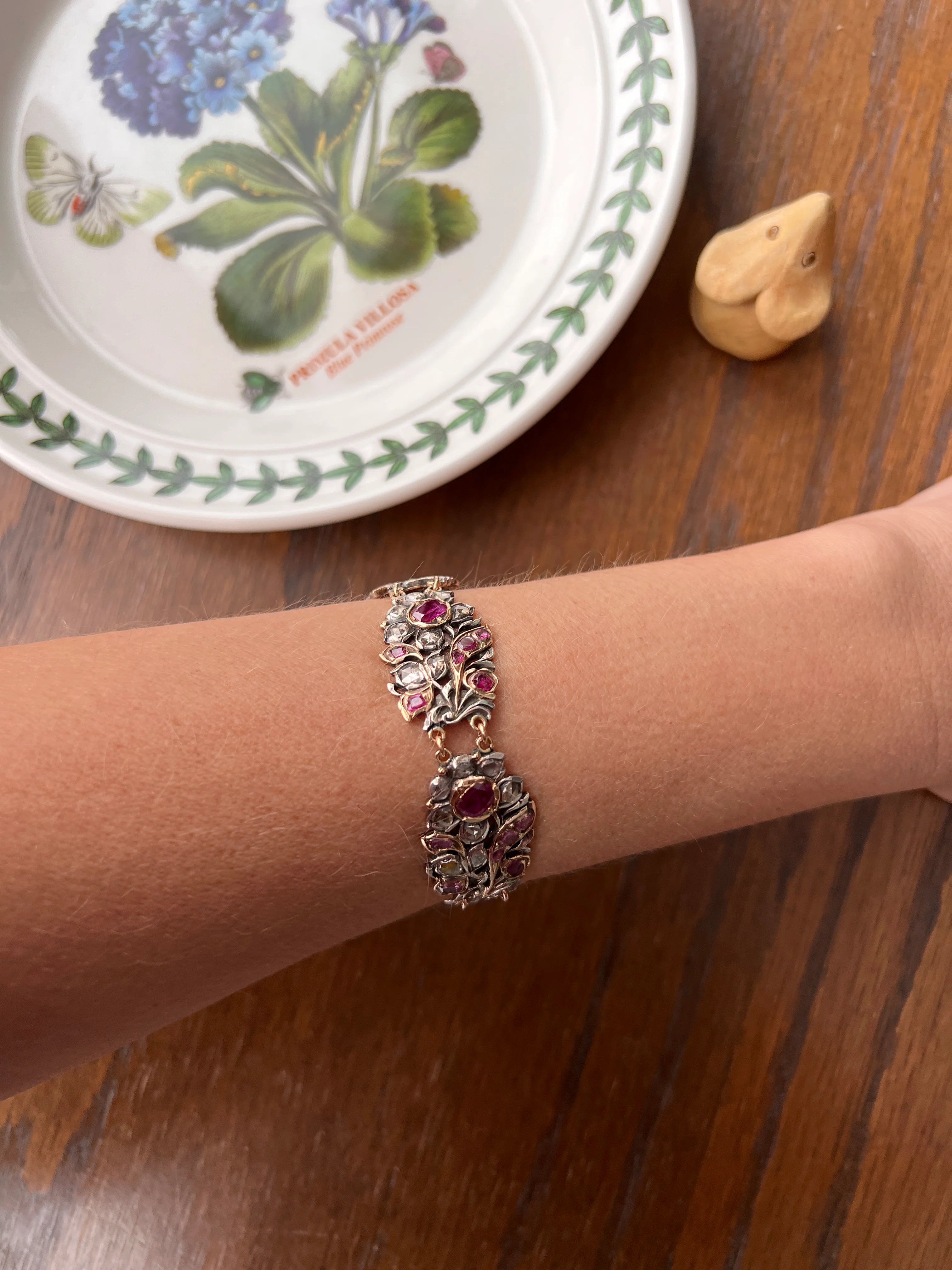 RARE Floral GIARDINETTI Antique Bracelet Flat Cut Ruby Pink Sapphire Rose Cut DIAMOND Figural Link Bracelet Georgian 14k Gold Silver - Image 22