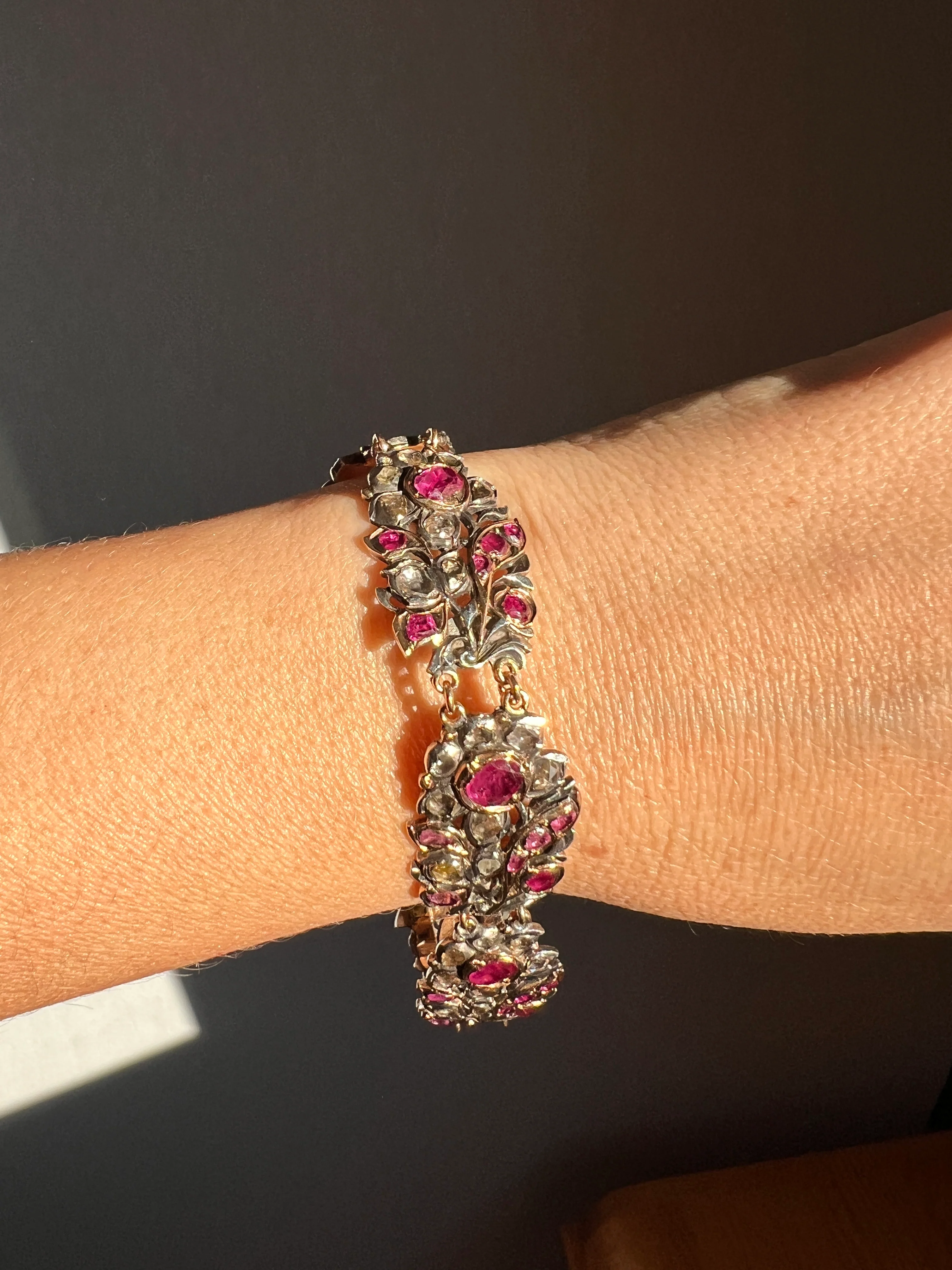 RARE Floral GIARDINETTI Antique Bracelet Flat Cut Ruby Pink Sapphire Rose Cut DIAMOND Figural Link Bracelet Georgian 14k Gold Silver - Image 23
