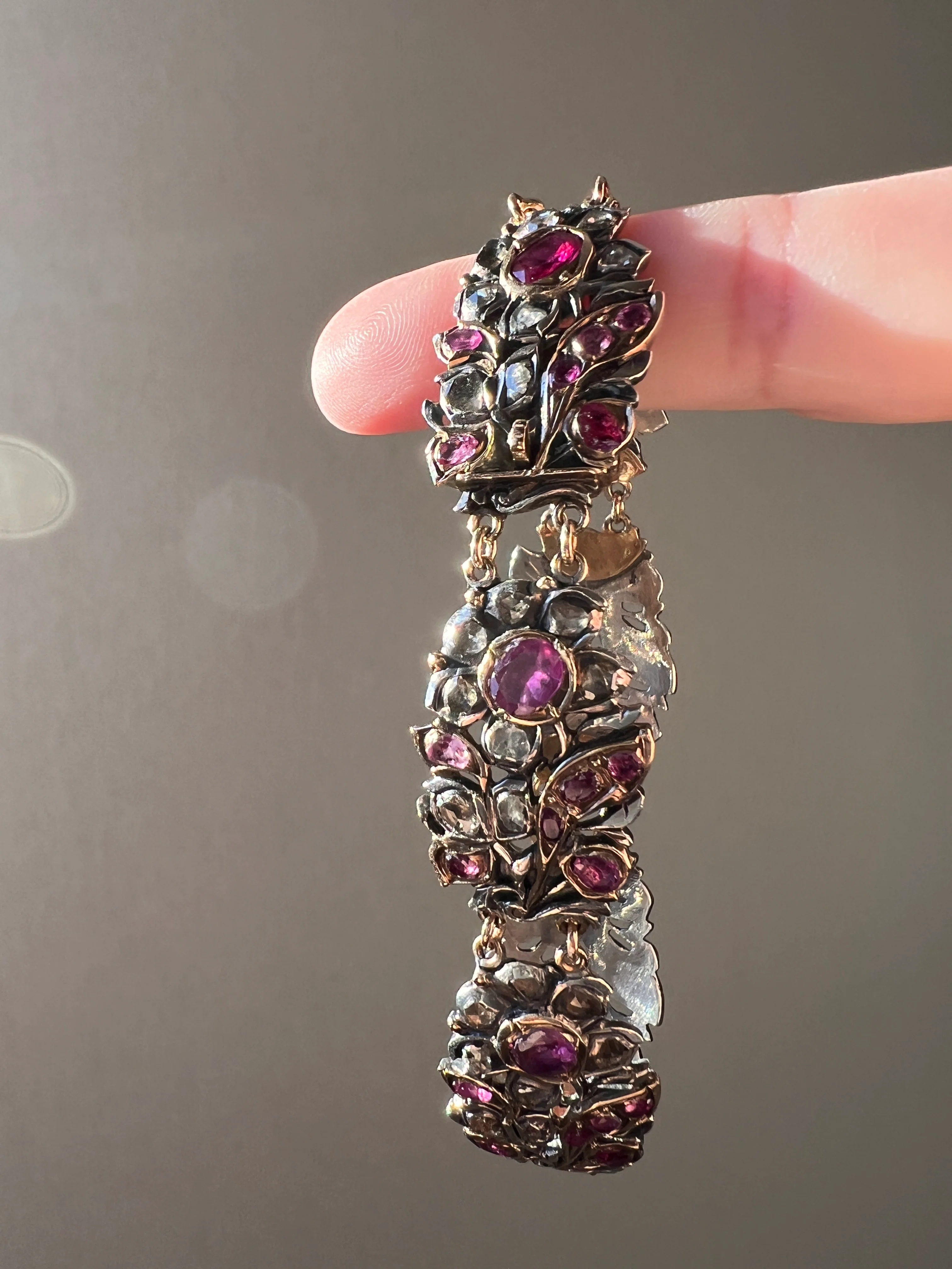 RARE Floral GIARDINETTI Antique Bracelet Flat Cut Ruby Pink Sapphire Rose Cut DIAMOND Figural Link Bracelet Georgian 14k Gold Silver - Image 24
