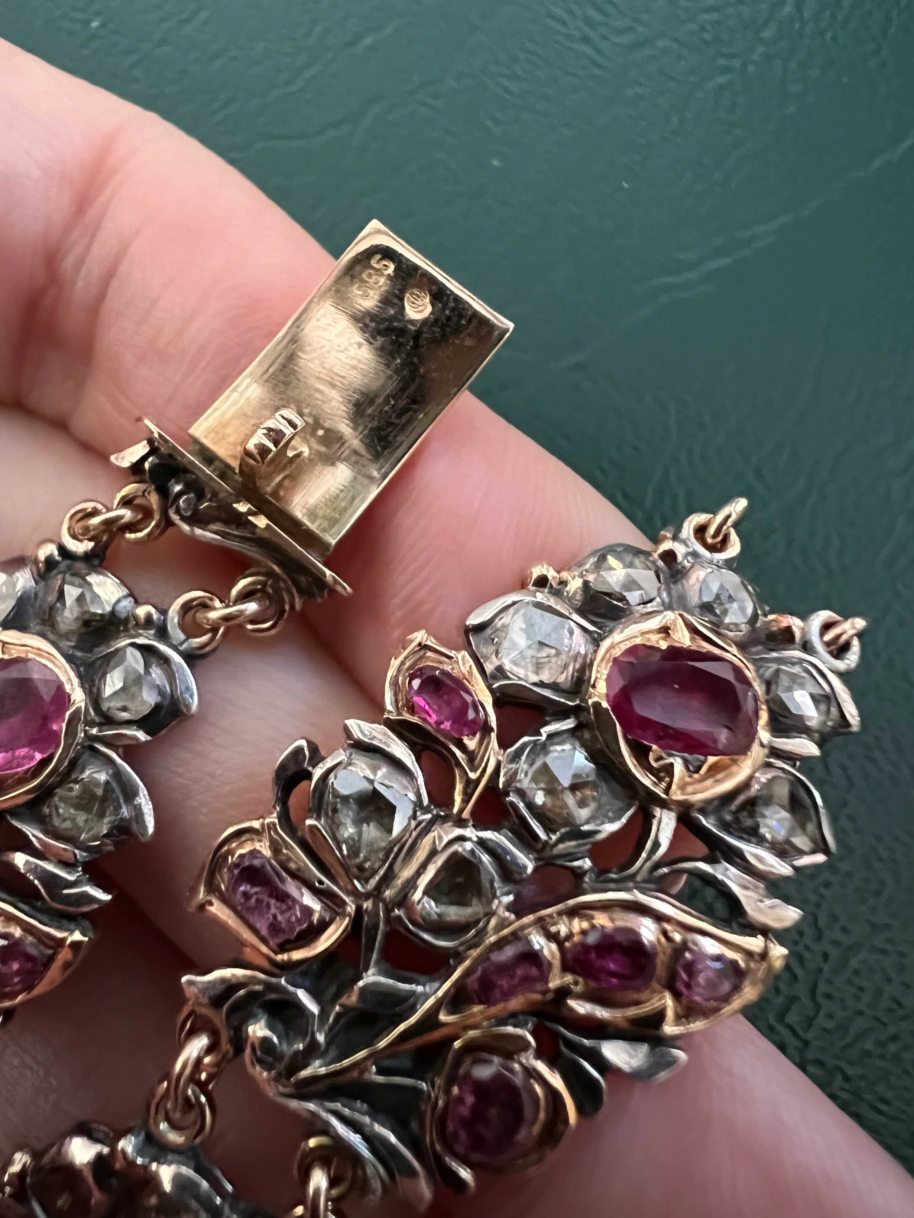 RARE Floral GIARDINETTI Antique Bracelet Flat Cut Ruby Pink Sapphire Rose Cut DIAMOND Figural Link Bracelet Georgian 14k Gold Silver - Image 25