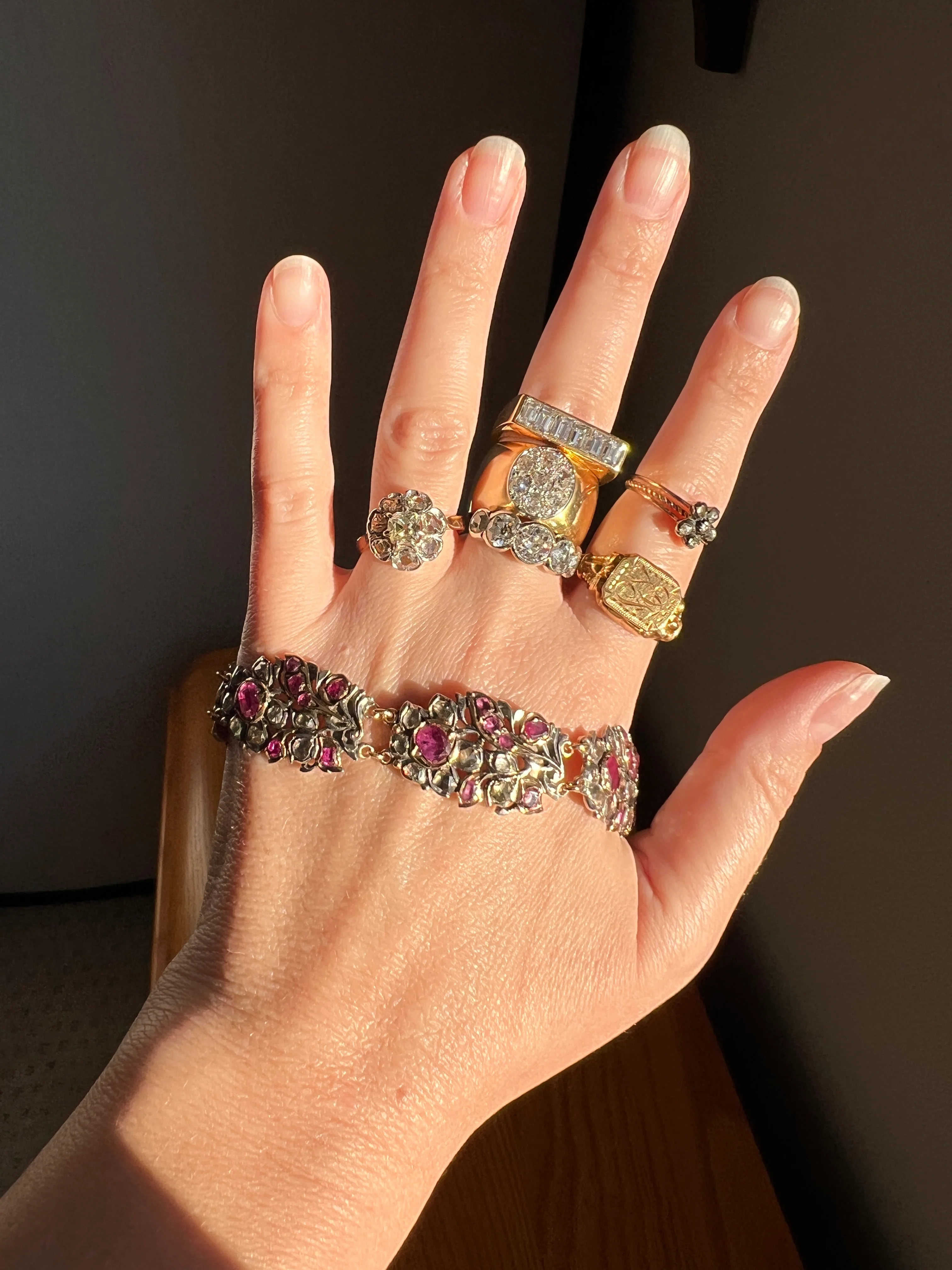 RARE Floral GIARDINETTI Antique Bracelet Flat Cut Ruby Pink Sapphire Rose Cut DIAMOND Figural Link Bracelet Georgian 14k Gold Silver - Image 26