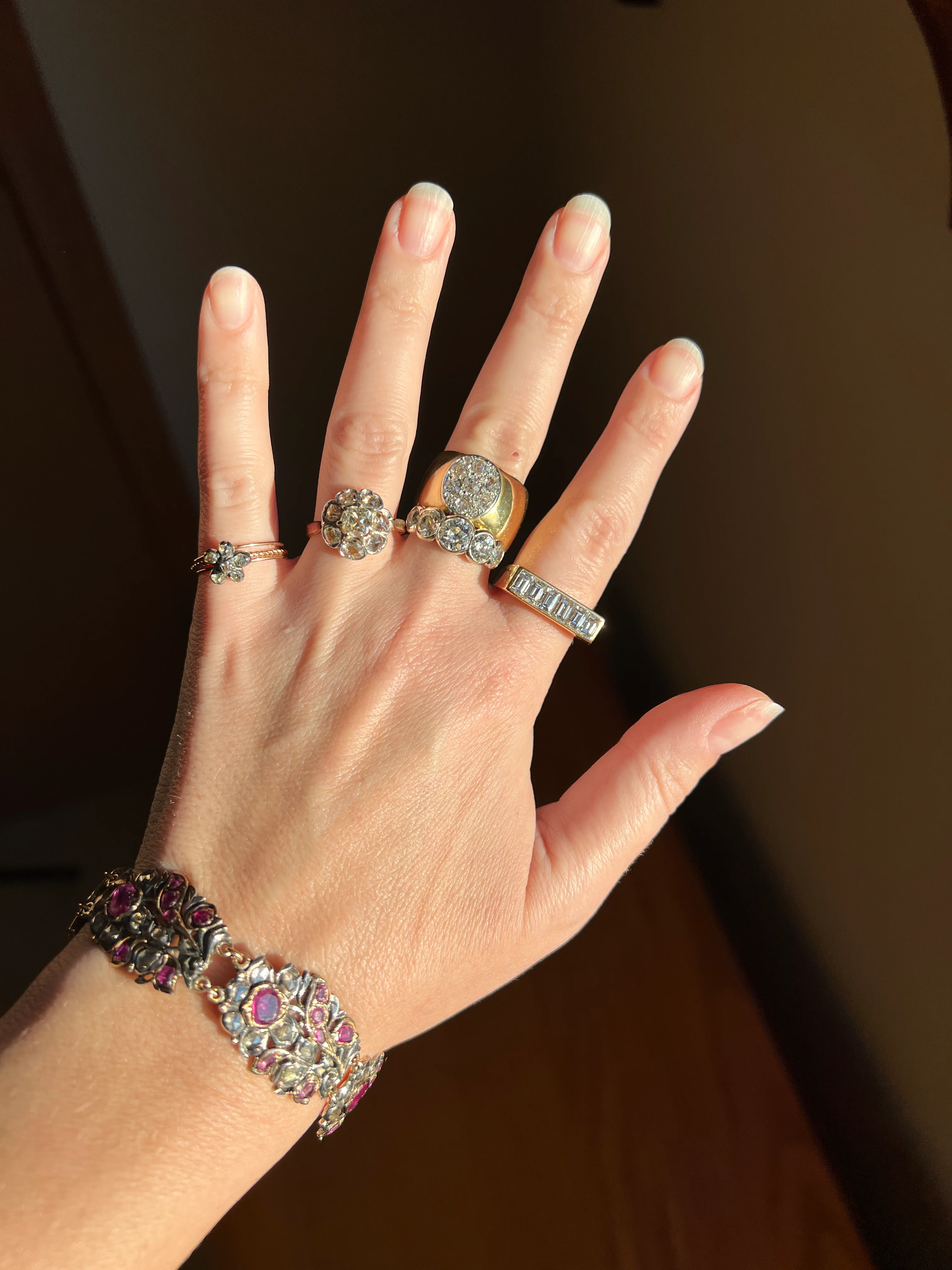 RARE Floral GIARDINETTI Antique Bracelet Flat Cut Ruby Pink Sapphire Rose Cut DIAMOND Figural Link Bracelet Georgian 14k Gold Silver - Image 27