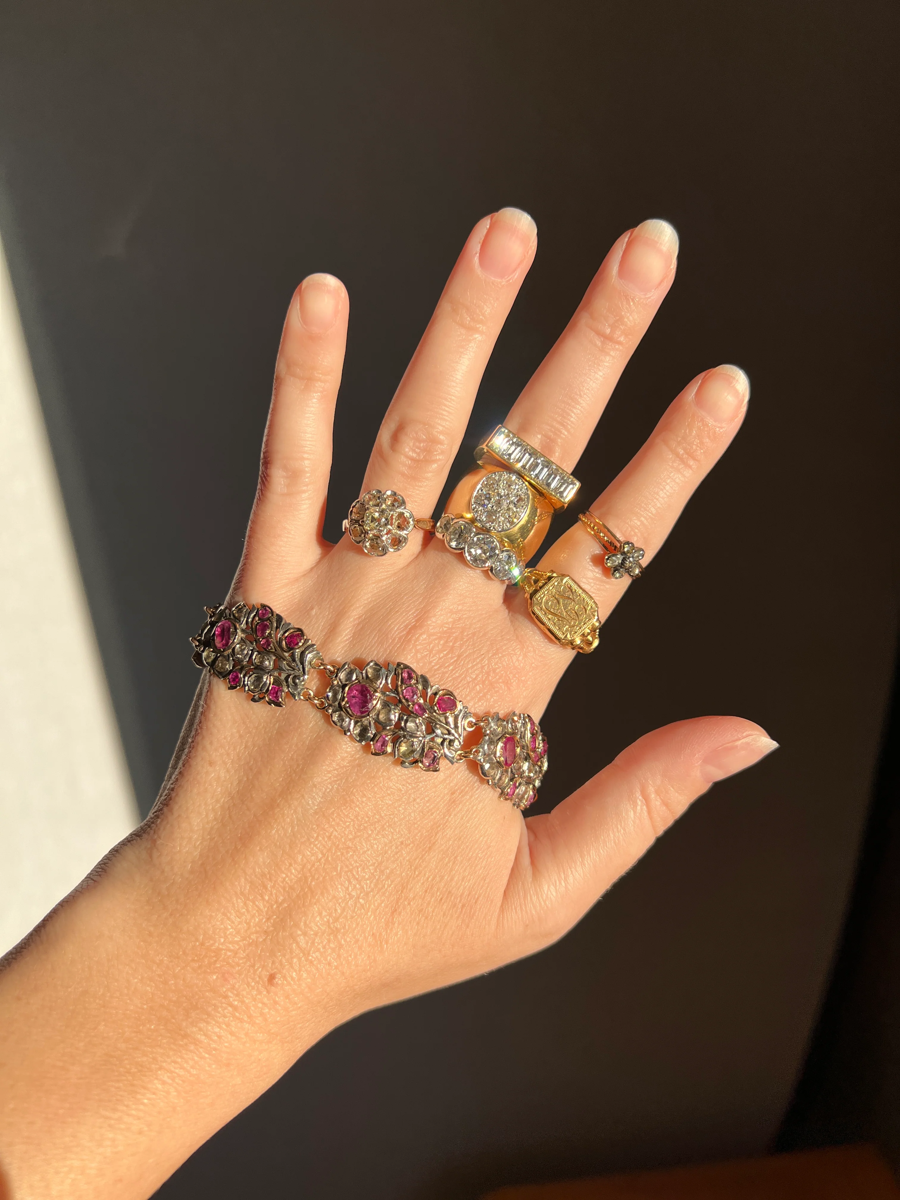 RARE Floral GIARDINETTI Antique Bracelet Flat Cut Ruby Pink Sapphire Rose Cut DIAMOND Figural Link Bracelet Georgian 14k Gold Silver - Image 28