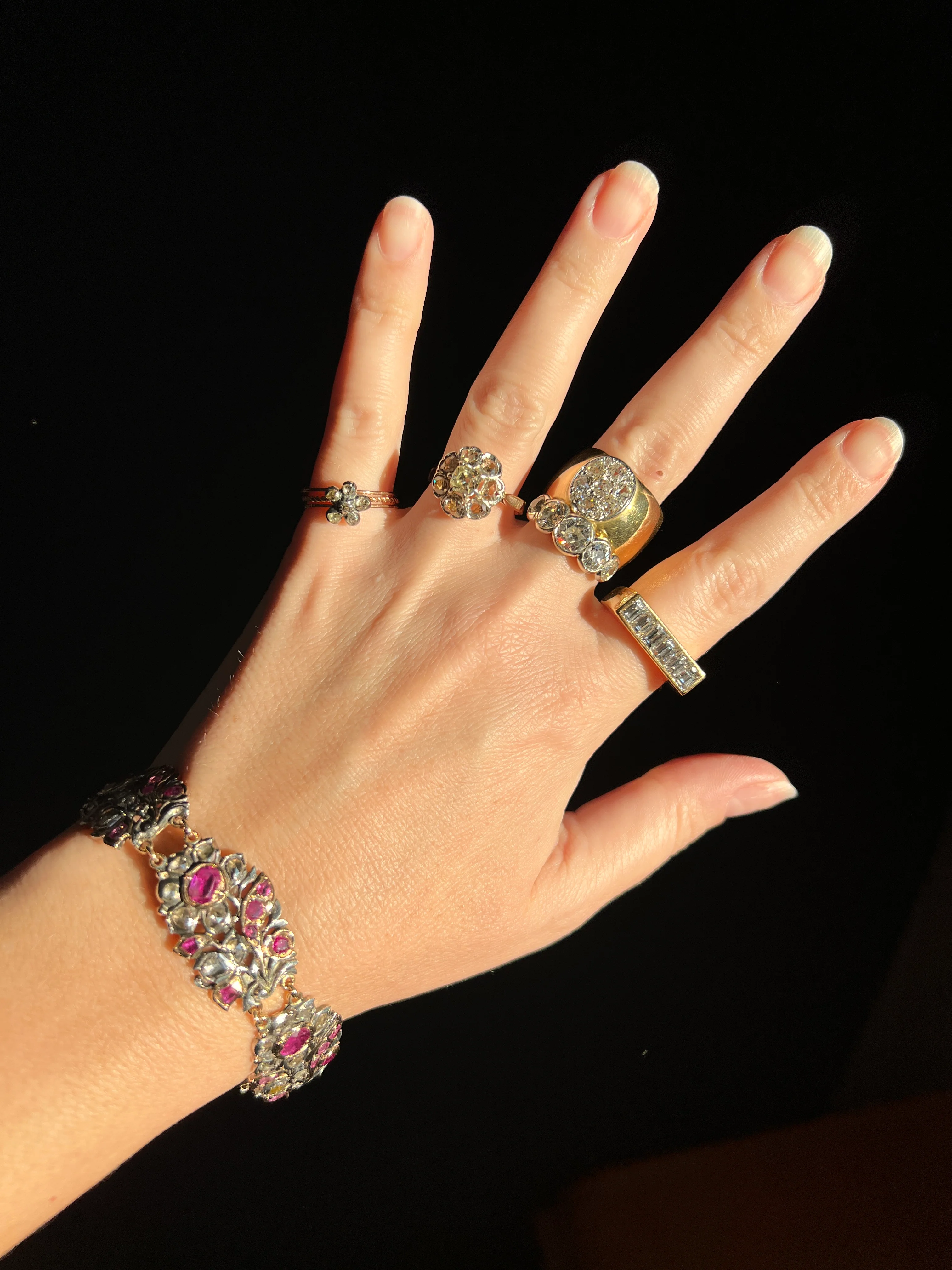 RARE Floral GIARDINETTI Antique Bracelet Flat Cut Ruby Pink Sapphire Rose Cut DIAMOND Figural Link Bracelet Georgian 14k Gold Silver - Image 29