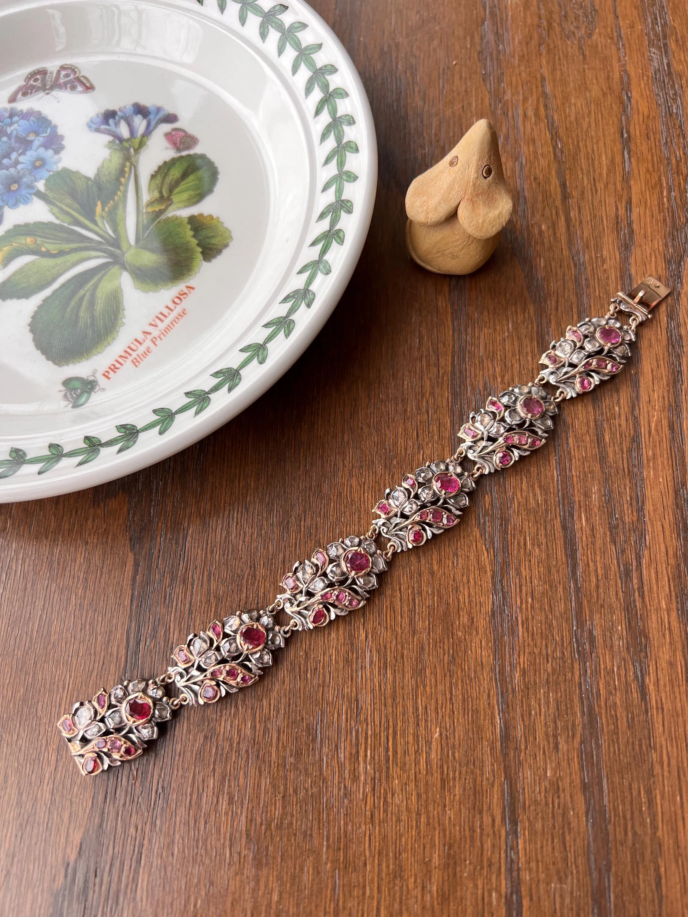 RARE Floral GIARDINETTI Antique Bracelet Flat Cut Ruby Pink Sapphire Rose Cut DIAMOND Figural Link Bracelet Georgian 14k Gold Silver - Image 3