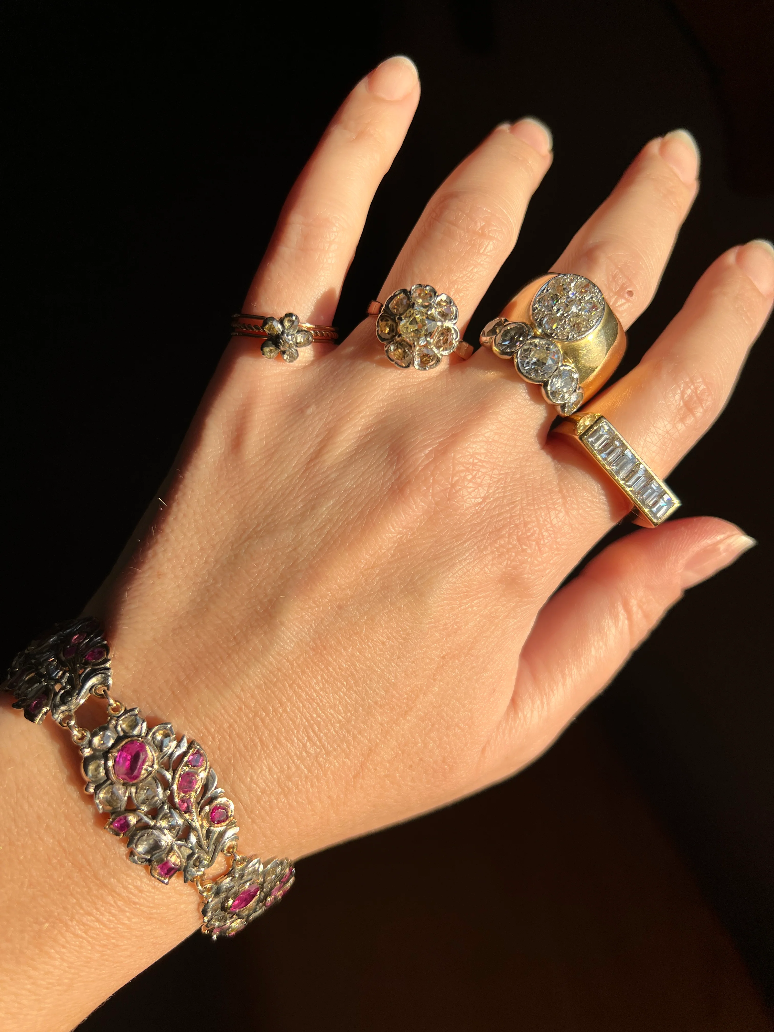 RARE Floral GIARDINETTI Antique Bracelet Flat Cut Ruby Pink Sapphire Rose Cut DIAMOND Figural Link Bracelet Georgian 14k Gold Silver - Image 30