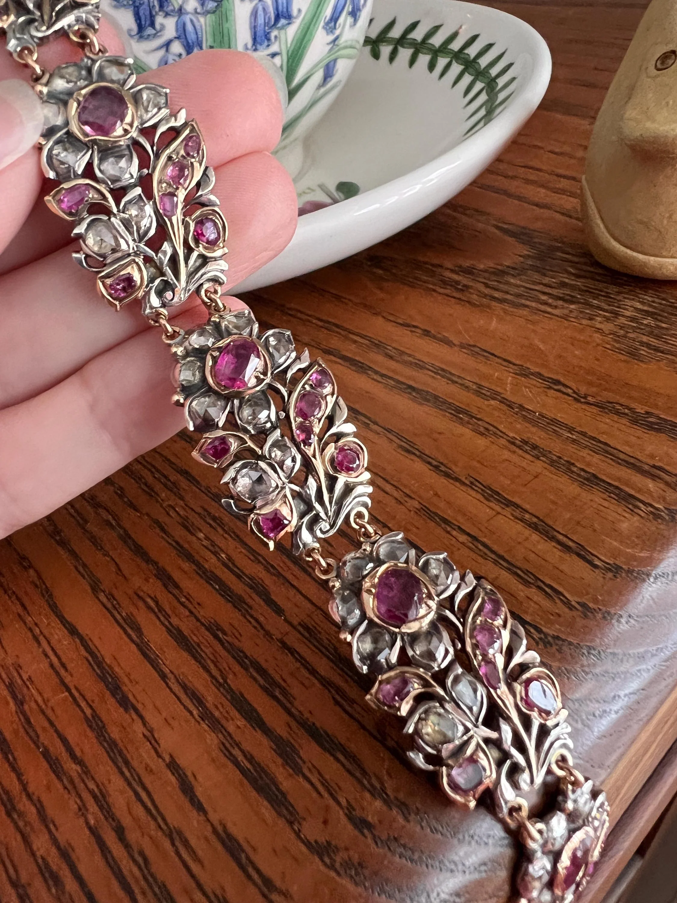 RARE Floral GIARDINETTI Antique Bracelet Flat Cut Ruby Pink Sapphire Rose Cut DIAMOND Figural Link Bracelet Georgian 14k Gold Silver - Image 4