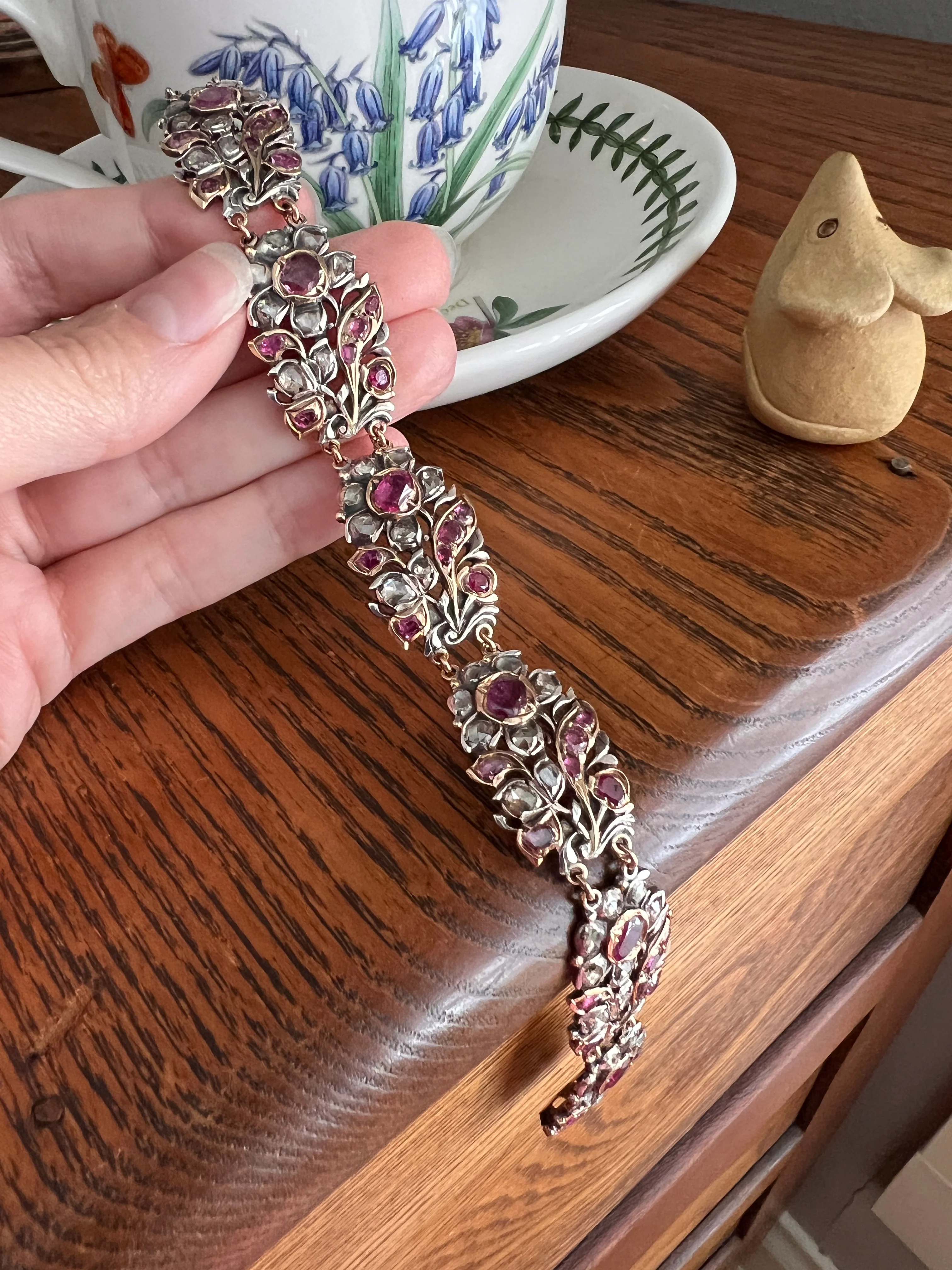 RARE Floral GIARDINETTI Antique Bracelet Flat Cut Ruby Pink Sapphire Rose Cut DIAMOND Figural Link Bracelet Georgian 14k Gold Silver - Image 5